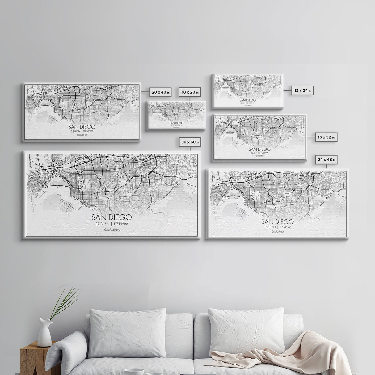 San Diego City Map, California Art, Map Print, Modern Wall Art, Wall Art, Canvas Art, Home Décor Prints, Friendship Gift, Horizontal Art