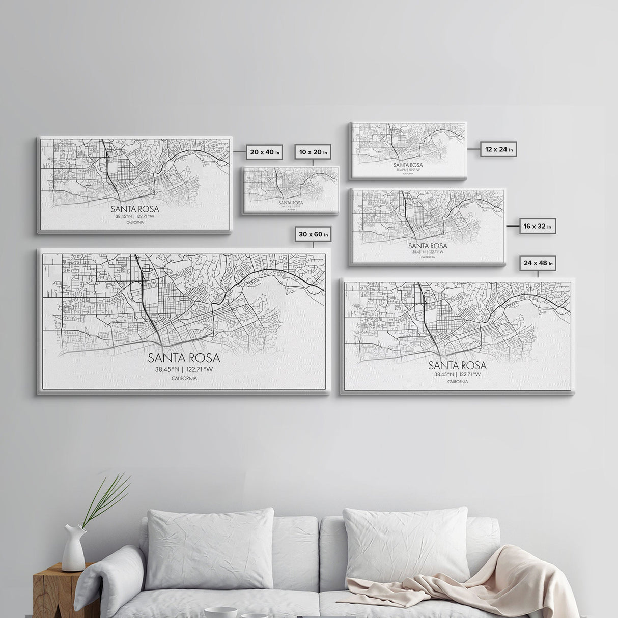Santa Rosa City Map, California Art, Map Print, Modern Wall Art, Wall Art, Canvas Art, Modern House Art, Bedroom Prints, Nerdy Home Décor
