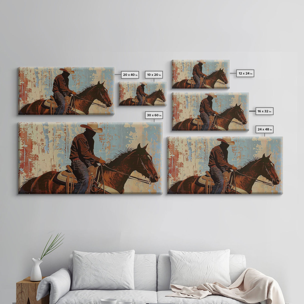 Cowboy Riding Horse in Abstract Style, Perfect Bedroom Art, Framed Canvas Print, Rustic Living Room Decor, Modern Home Decoration