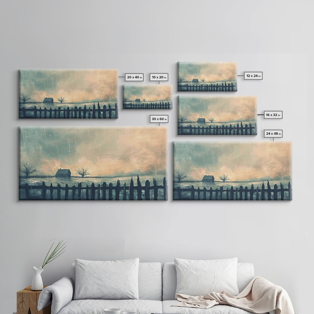 Winter Farmhouse in Snowy Landscape, Framed Canvas Print, Minimalist Wall Art, Living Room Art, Bedroom Decor, Winter Scene