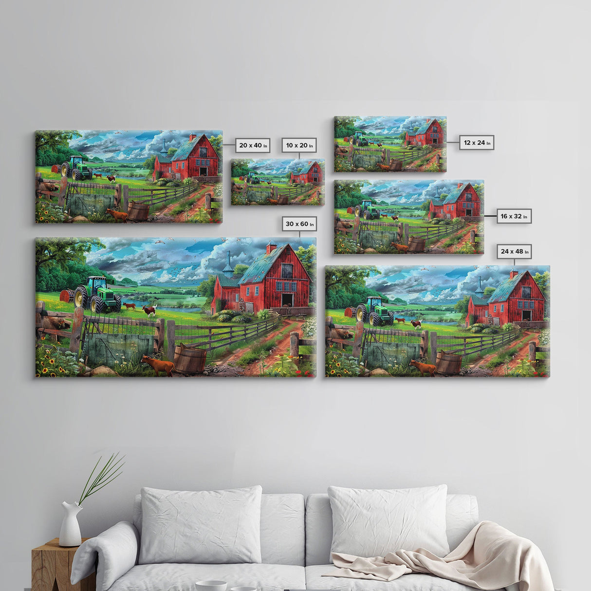 Green Tractor and Red Barn with Farm Animals, Vibrant Rural Art, Framed Canvas Print, Country Wall Decor, Living Room Decoration