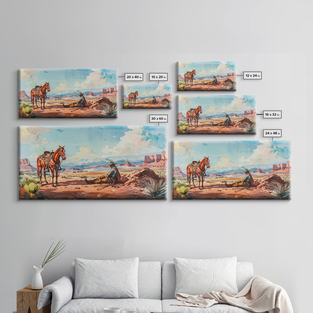 Cowboy Resting with Horse in Desert Landscape, Classic Western Art, Framed Canvas Print, Rustic Wall Decor, Living Room Decoration