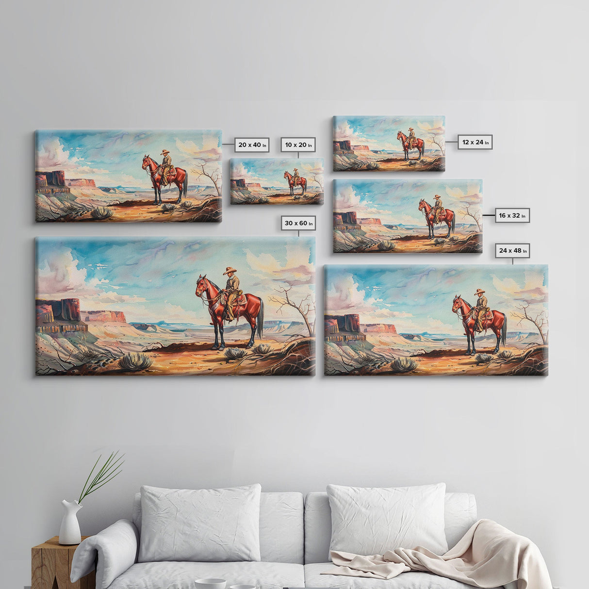 Cowboy on Horse Overlooking Canyon, Majestic Western Art, Framed Canvas Print, Boho Wall Art, Living Room Decor, Home Decoration