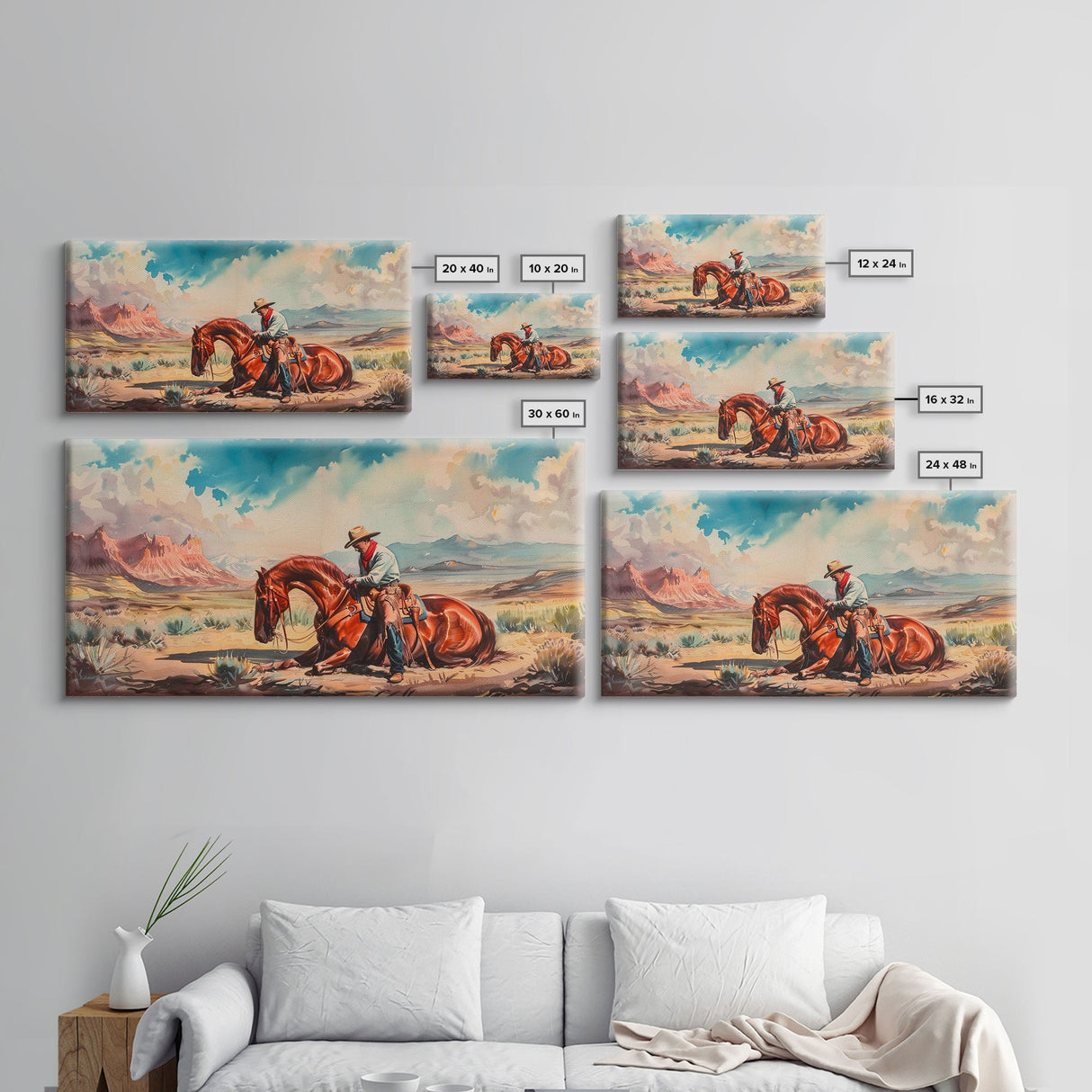 Cowboy Comforting Horse in Open Plains, Farmhouse Western Decor, Framed Canvas Print, Country Living Art, Rustic Wall Art for Home