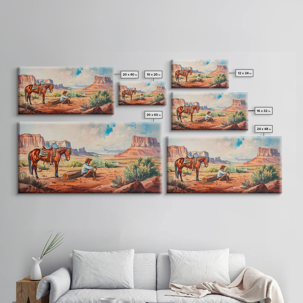 Cowboy Resting by Horse in Desert Scene, Rustic Farmhouse Art, Framed Canvas Print, Western Decor, Living Room Wall Art, Country Style