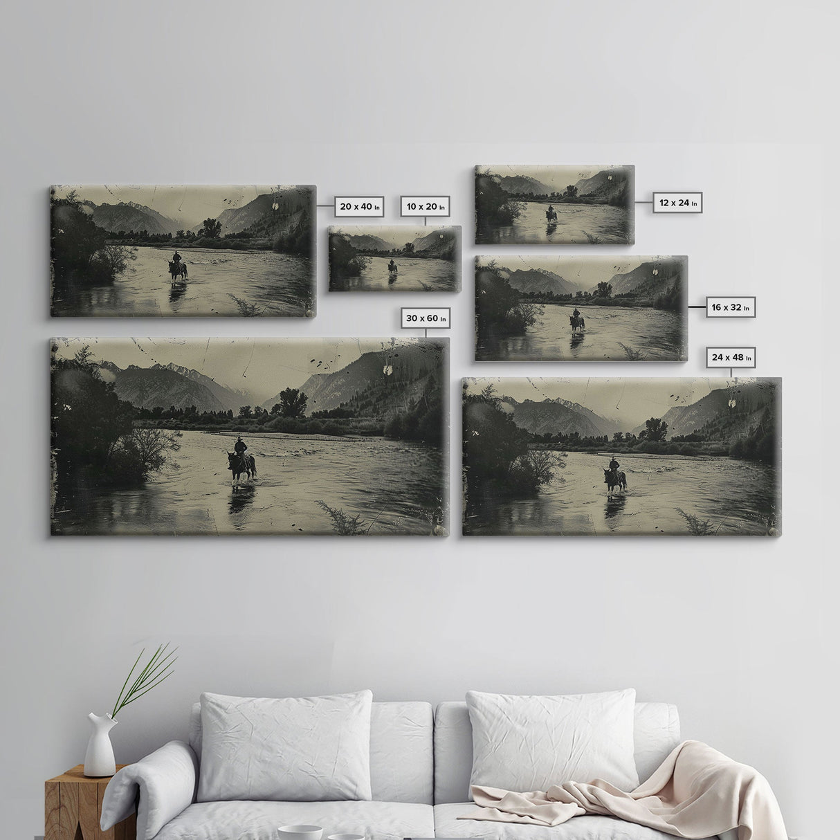 Cowboy Crossing River with Mountains, Framed Canvas Print for Western Living Room Decor, Ideal Bedroom Wall Art, Rustic Scene