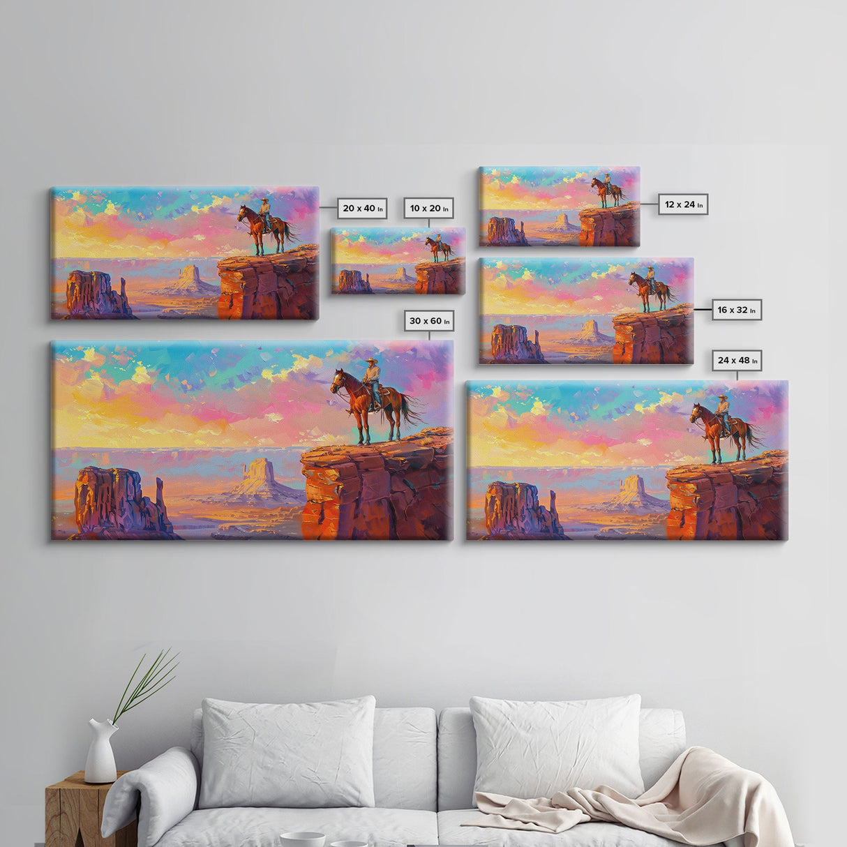 Cowboy Overlooking Monument Valley, Farmhouse Style Framed Canvas Print for Bedroom Wall Art, Rustic Home Decor, Scenic Western Landscape