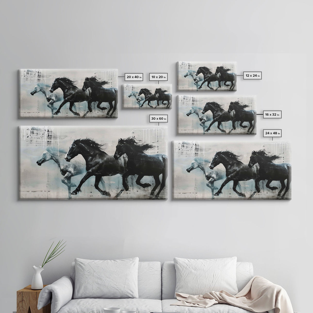 Galloping Horses in Monochrome Abstract Landscape, Perfect Wall Art, Framed Canvas Print for Living Room or Bedroom Decor, Equestrian Art