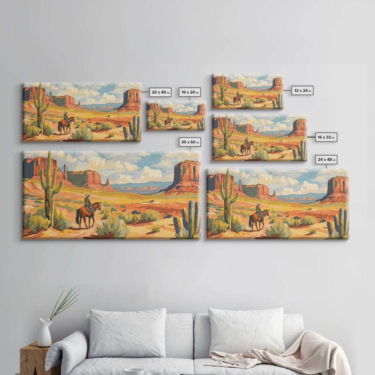 Cowboy in Desert Valley, Framed Canvas Print for Rustic Living Room Decor, Western Art for Home and Bedroom Decoration