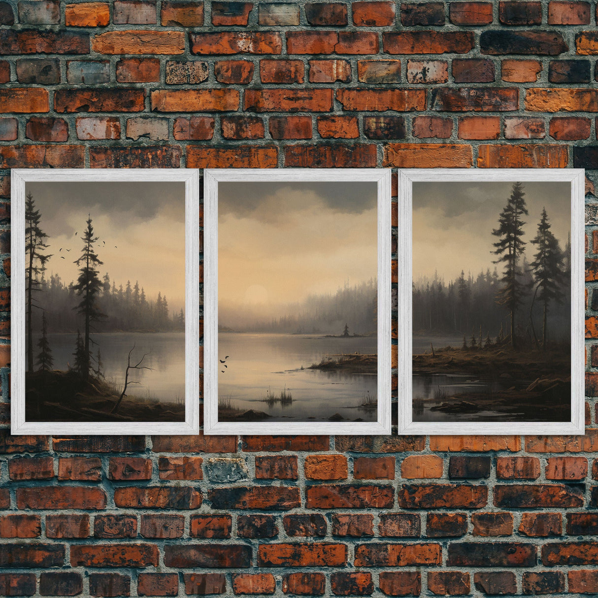 Moody 3 Piece Canvas Wall Art, Solumn PNW Lake At Sunset, Framed Canvas Print 3 Panel Set, Original Landscape Painting, Pacific Northwest