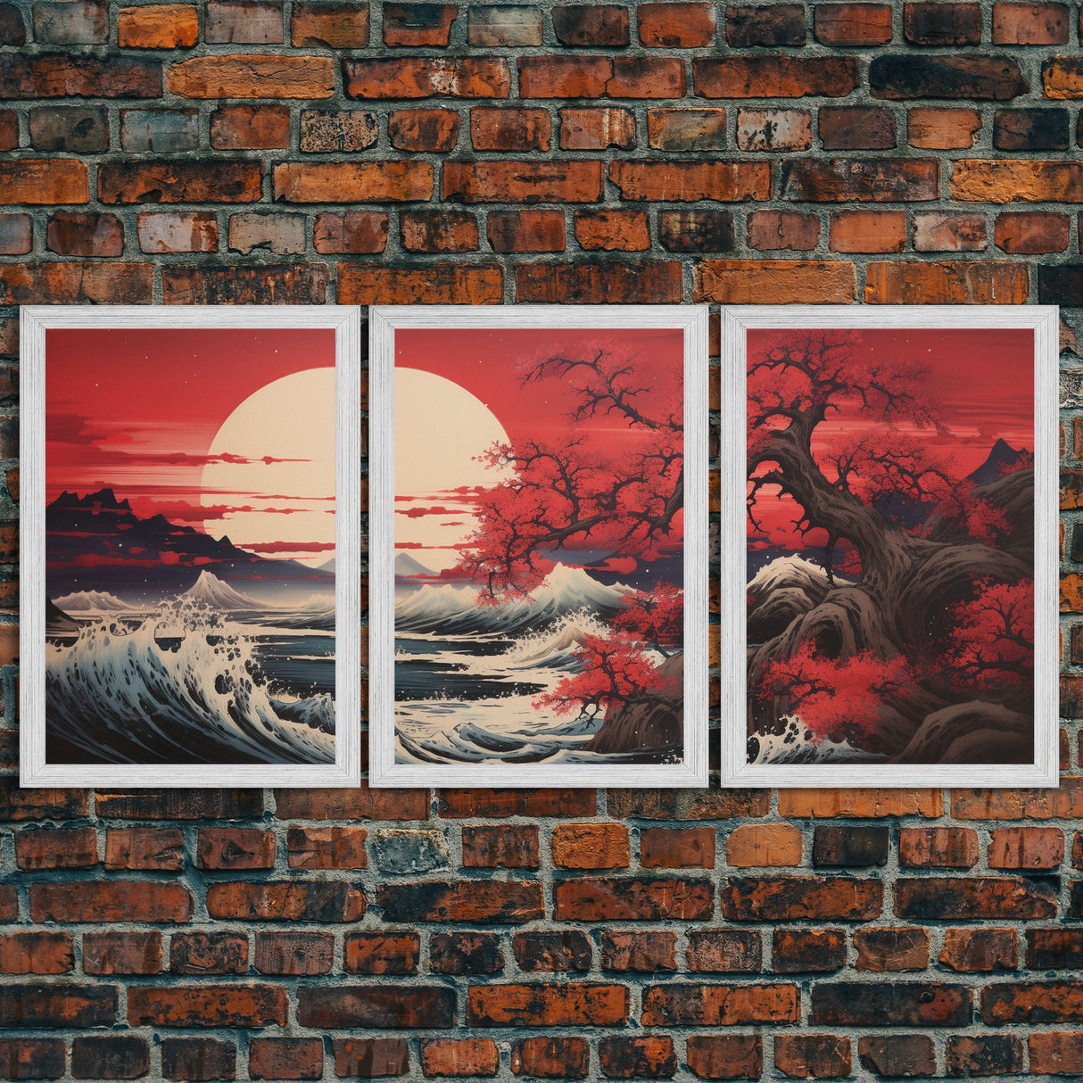 Ocean Art Print, Cherry Blossom, Asian Art, Japanese Wall Art, Canvas Print, Wall Art, 3 Piece Wall Art, Apartment Wall Decor, Room Decor