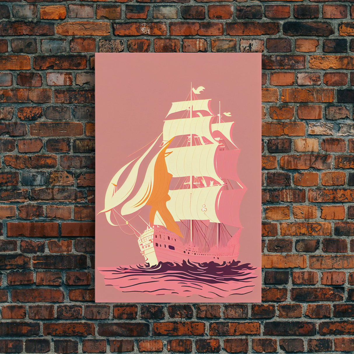 Pastel pirate ship, pink boat, vaporwave pirate ship, framed canvas print, framed wall art