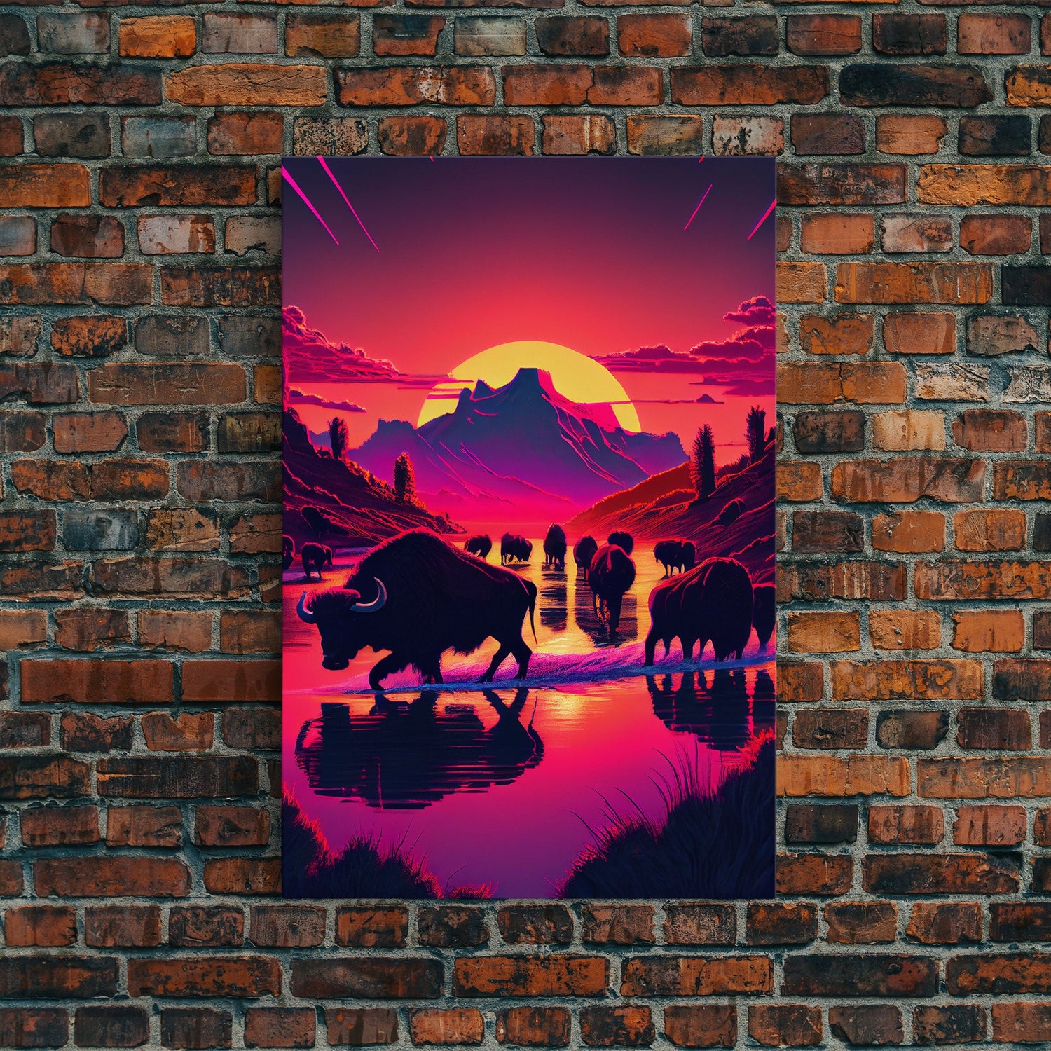 North American Buffalo at Sunset, Western Decor, framed canvas print, bison art, primitive farmhouse decor