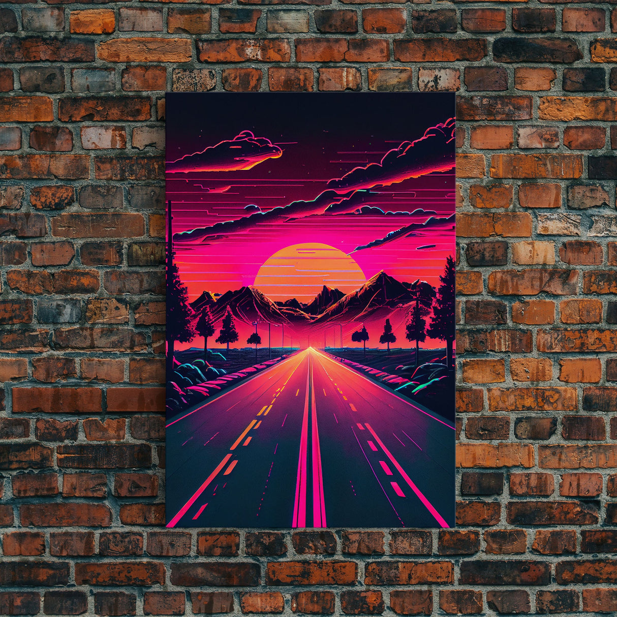 Outrun Sunset over the Arizona mountains, neon aesthetic art, framed canvas print