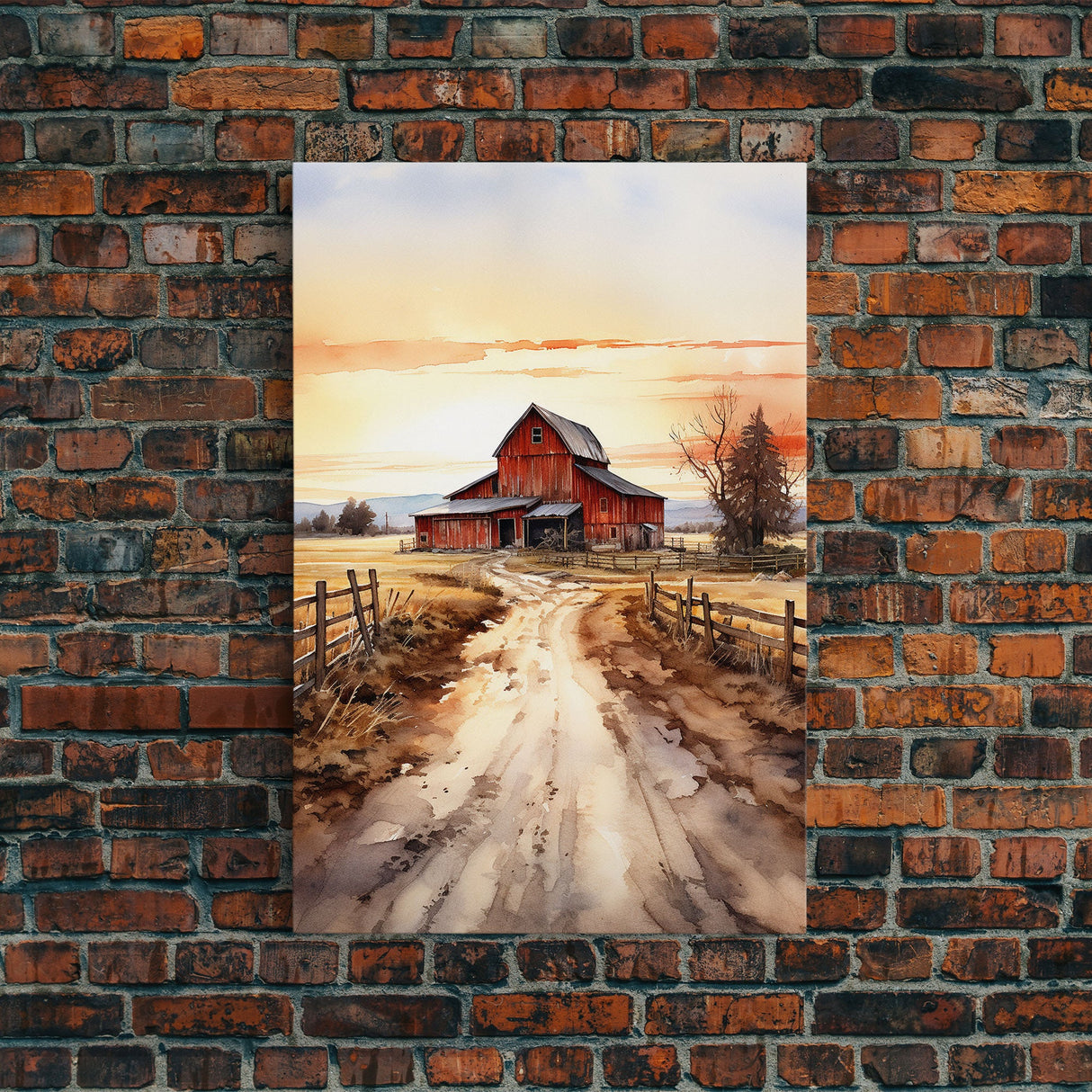 Sunset Over A Red Barn, Watercolor Painting Canvas Print, Country Poster Art, Framed Canvas, Country Roads, Rustic Farmhouse Decor