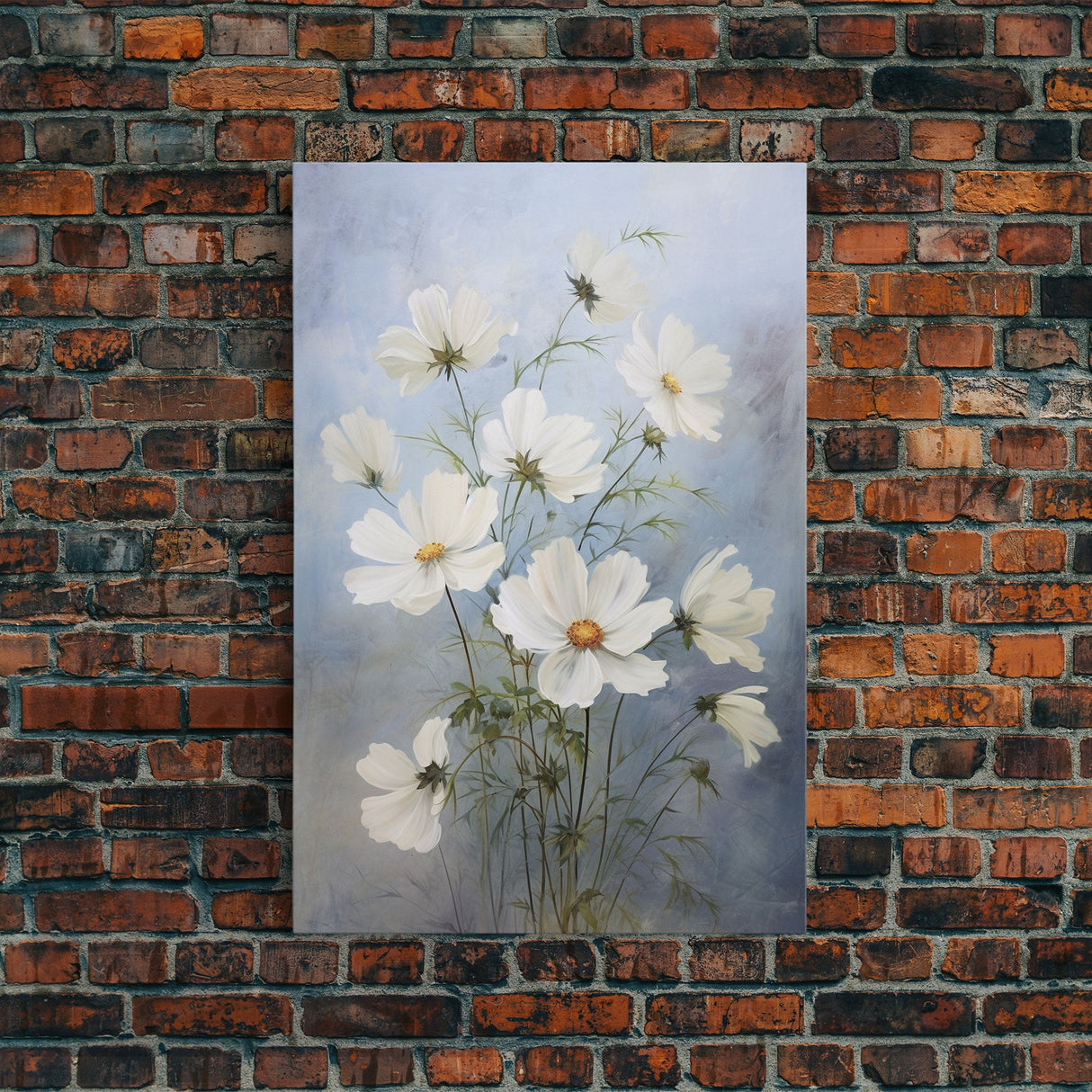 Cosmos Art Print - Framed Canvas Art - Oil Painting Poster Print - White Flowers Still Life - Small Flower Bouquet Oil Painting Wall Art