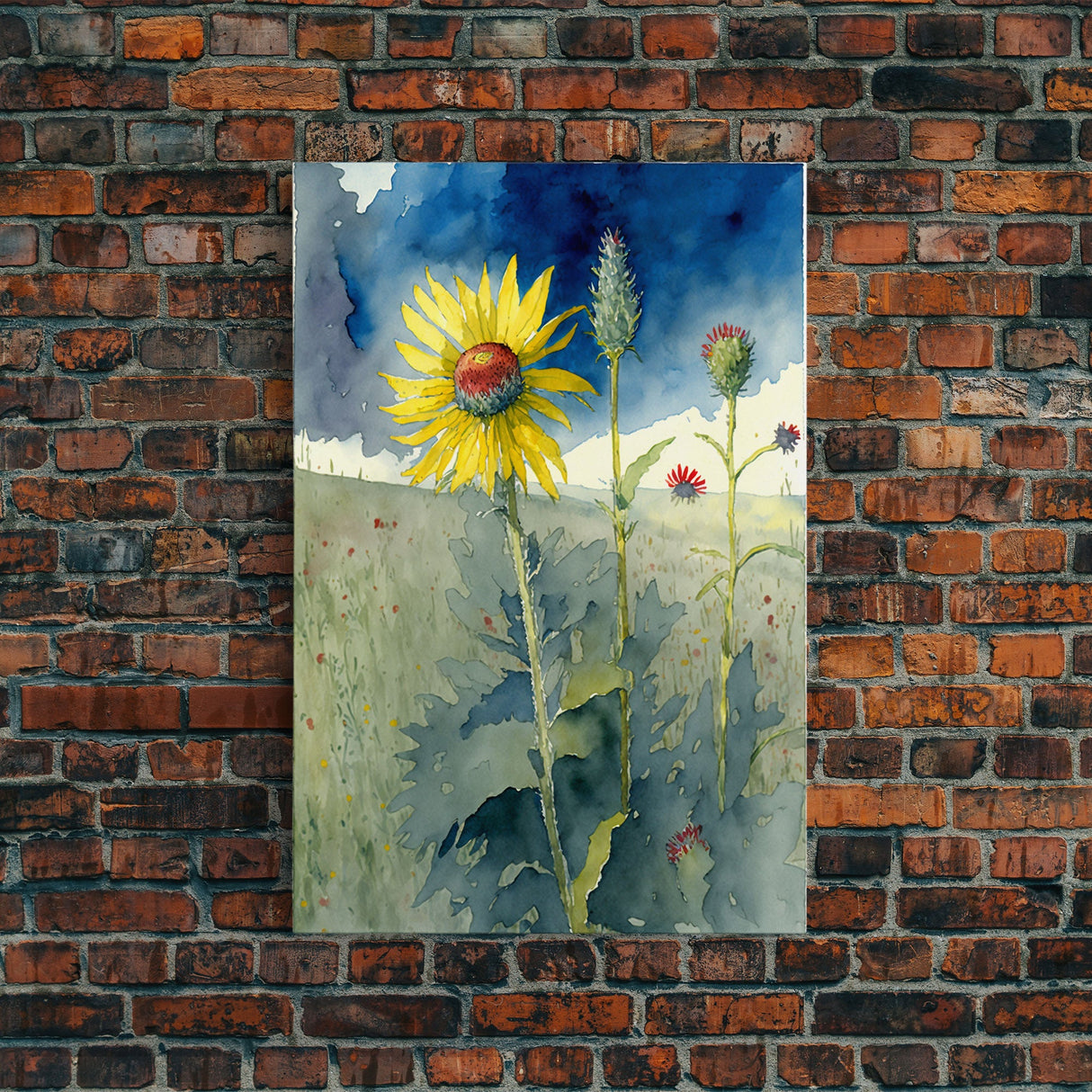 Watercolor Painting Print of a Sunflower and Wildflowers, Framed Canvas Art, Framed Print, Living Room Wall Decor