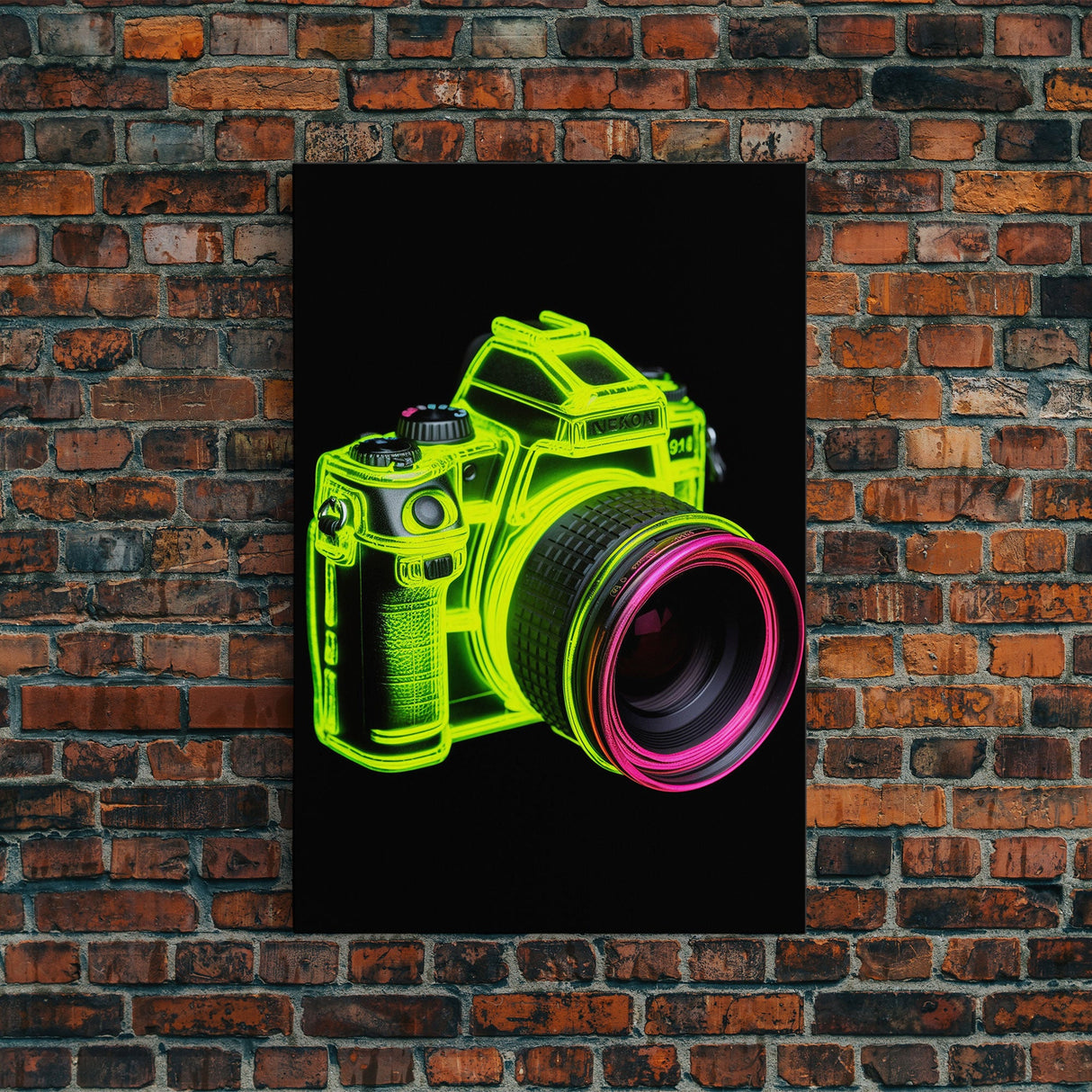 Neon Green Camera Wall Art, Neon Wall Decor, Photography Art, Minimalist Print, Wall Decor, Canvas Print, Wall Art, Framed Canvas