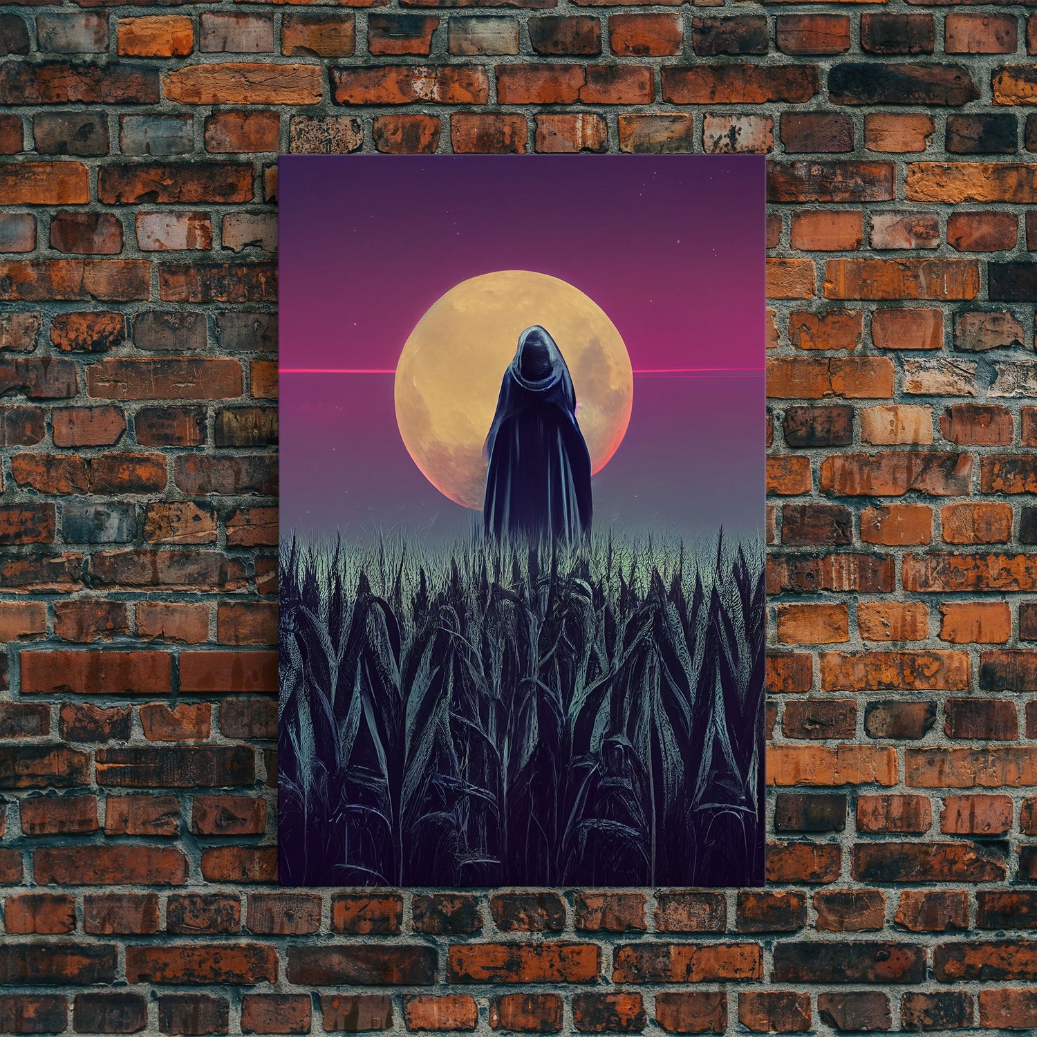 Spooky scarecrow in a corn field canvas print, full moon, Halloween art, scary art