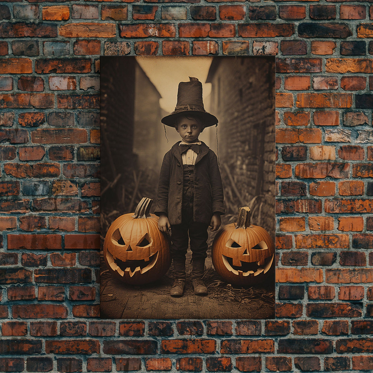 Spooky Victorian Tintype Photography, Framed Canvas Print, Halloween Art, Halloween Canvas, Pilgrim Boy and His Jack O' Lanterns