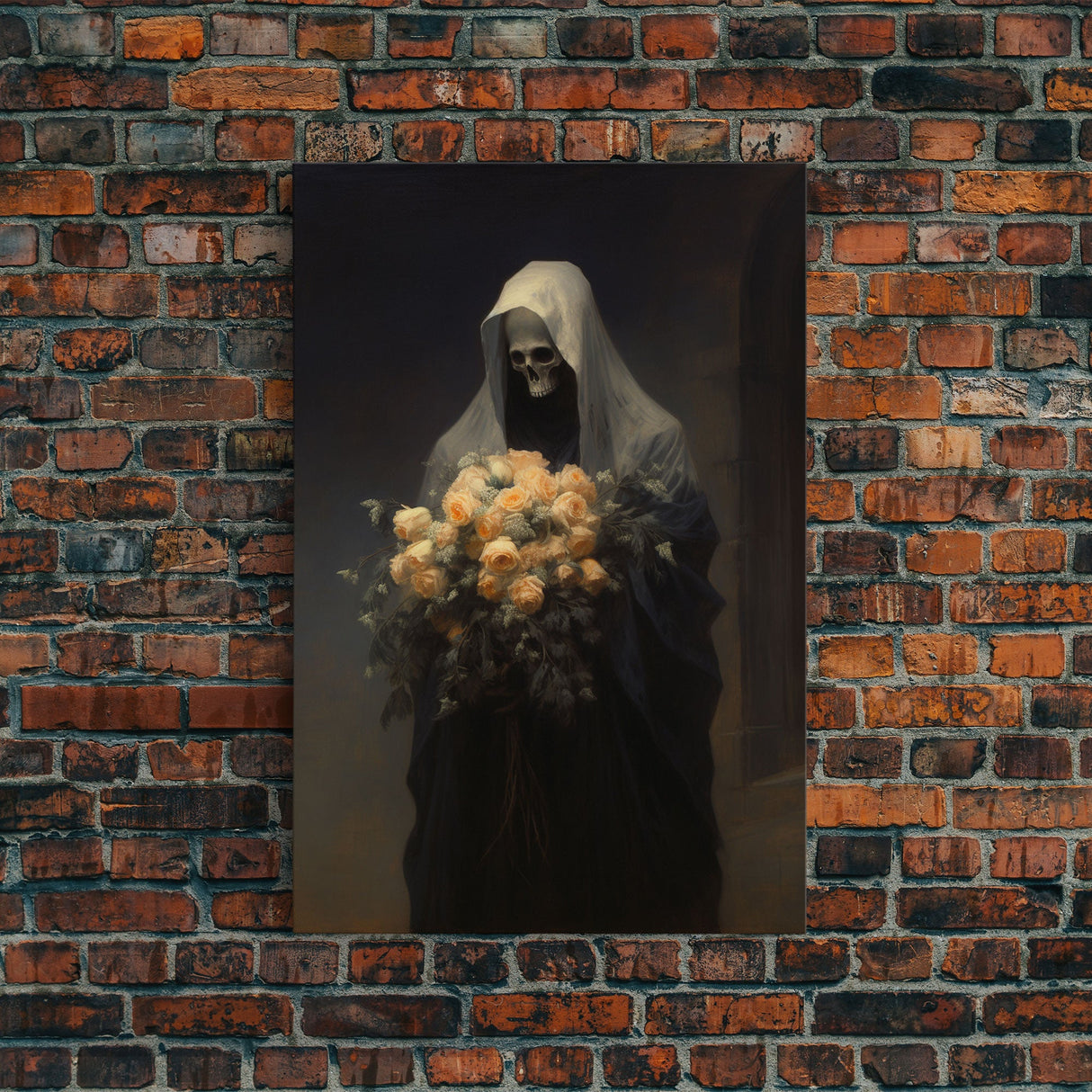 Grim Reaper, Flower Deliveryman, Gothic Halloween Decor, Framed Canvas Print, Scary Horror Art, Goth Decor, Oil Painting, Dark Academia
