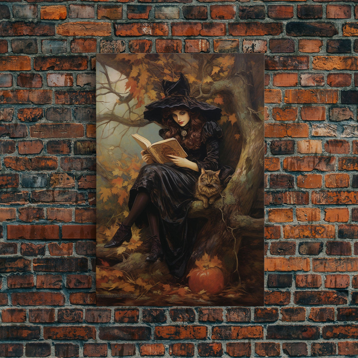 Pretty Witch Reading Spells To Her Black Cat Familiar, Vintage Halloween Art, Framed Canvas Print, Halloween Canvas Art, Witchcraft