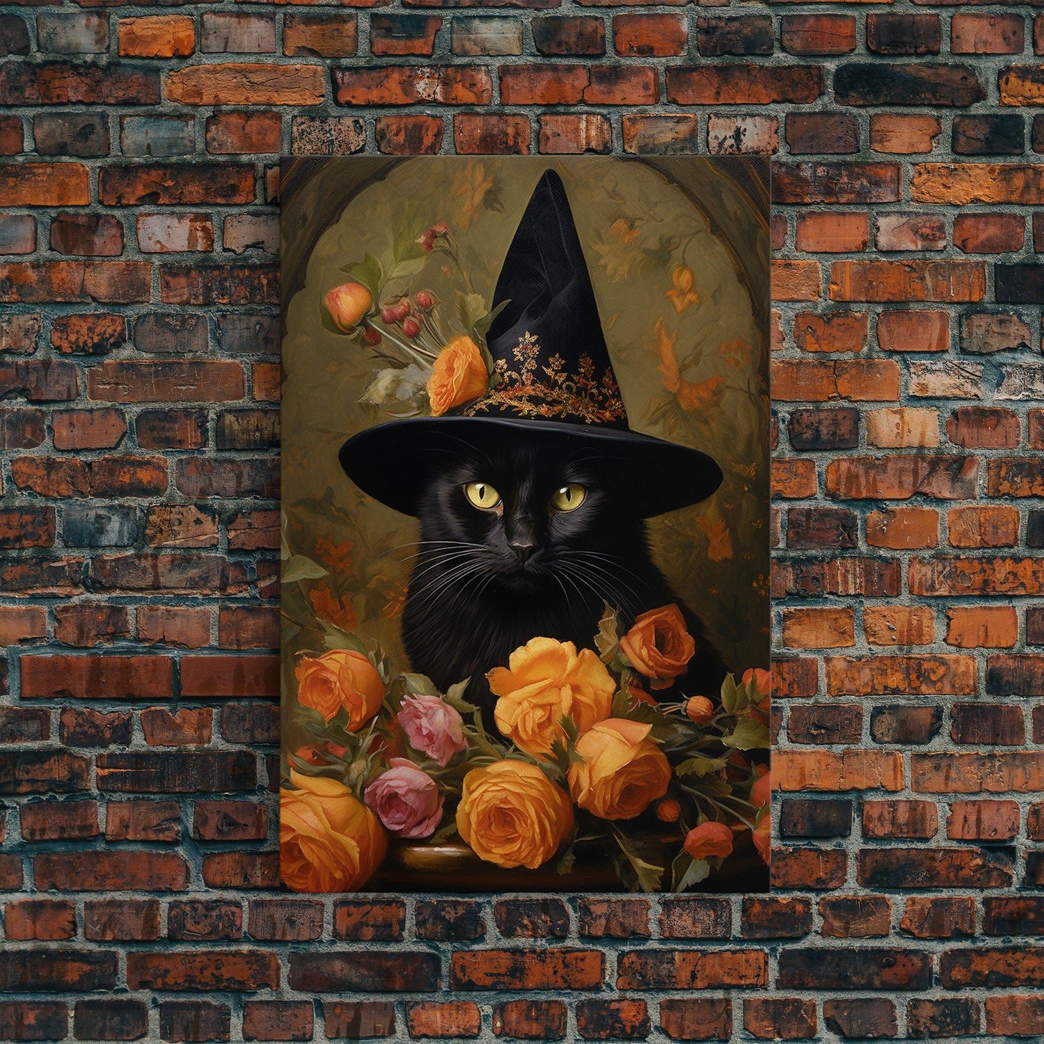 Cute Witch's Familiar Cat Halloween Art, Cat Witch, Cat Painting, Cute Cat Print, Halloween Decor, Black Cat Print, Framed Canvas / Canvas