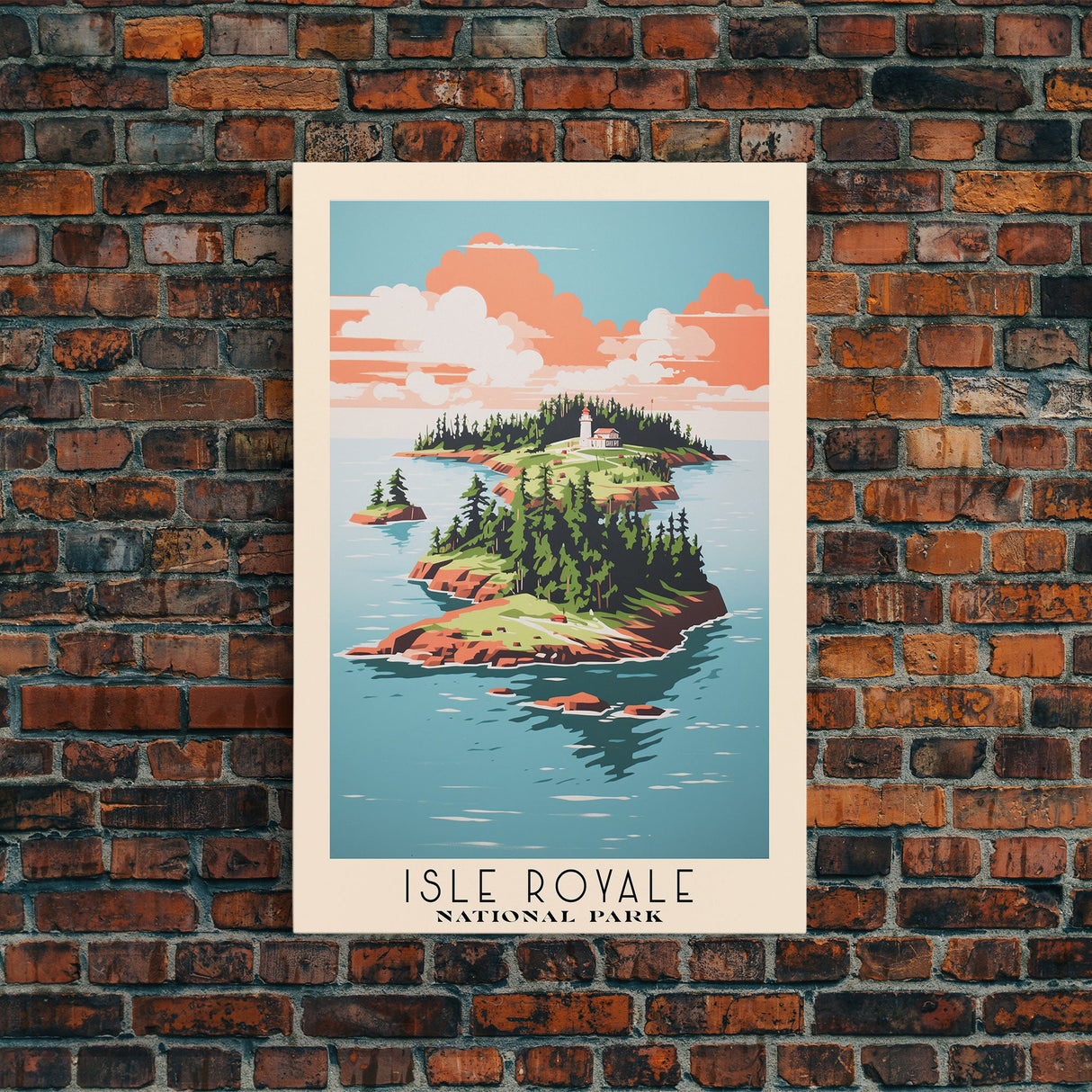 Isle Royale National Park Michigan Travel Art, National Park Print, Minimalist Travel Art, Midcentury Modern Style Landscape Painting