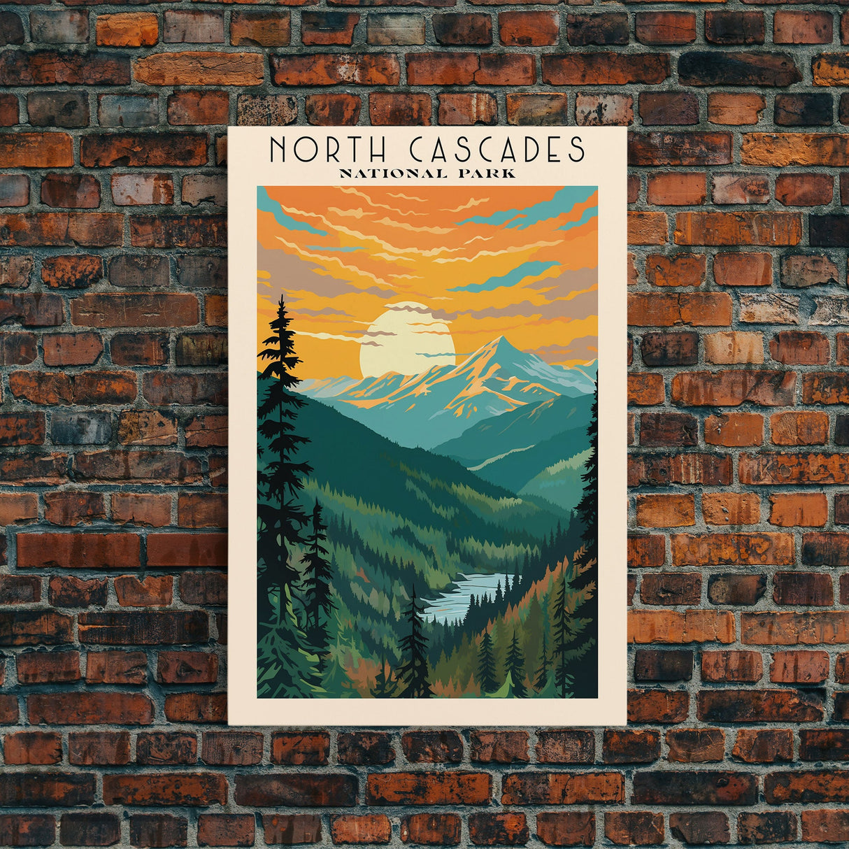 North Cascades National Park Washington Travel Art, National Park Print, Minimalist Travel Art, Midcentury Modern Style Landscape Painting