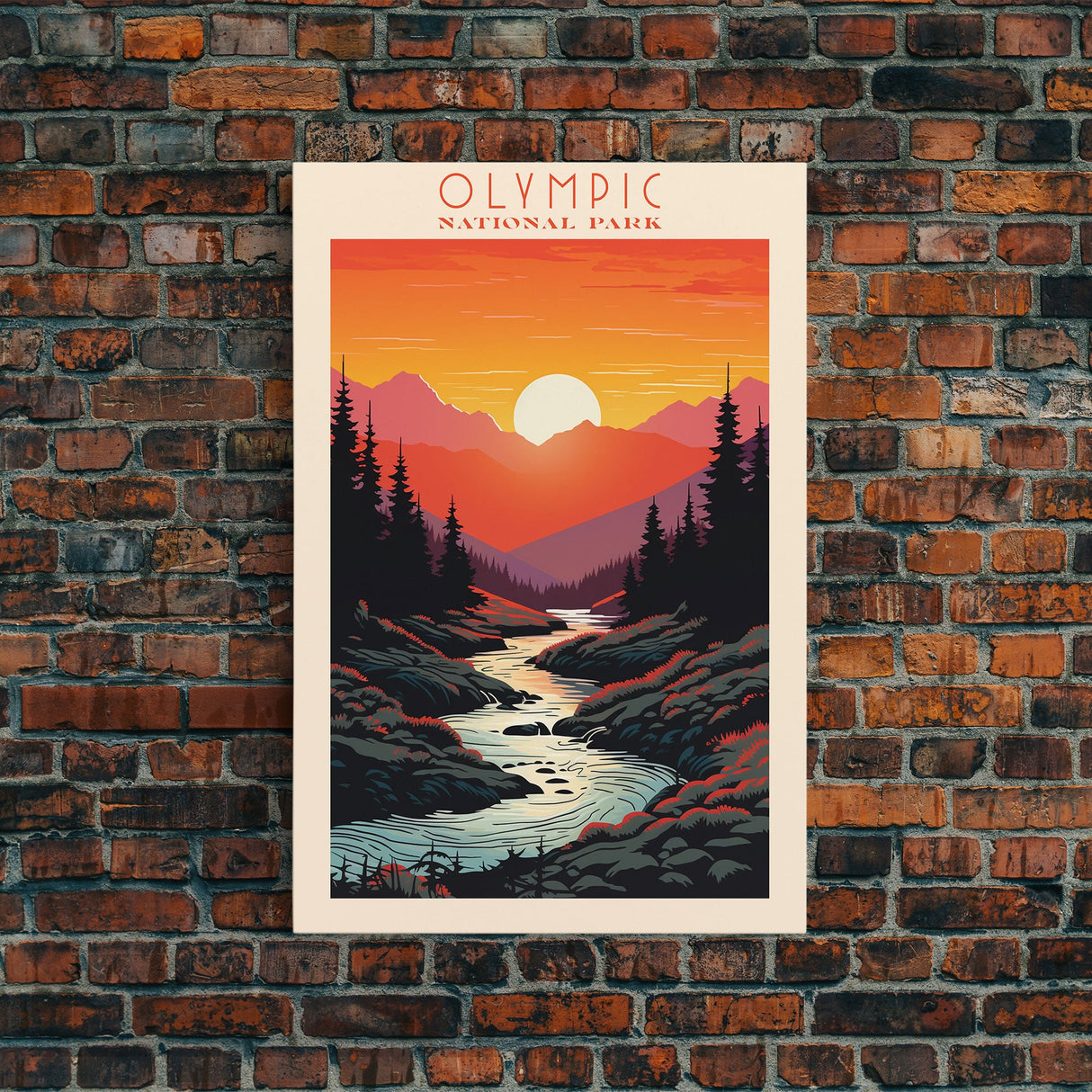 Olympic National Park Washington Travel Art, National Park Print, Minimalist Travel Art, Midcentury Modern Style Landscape Painting