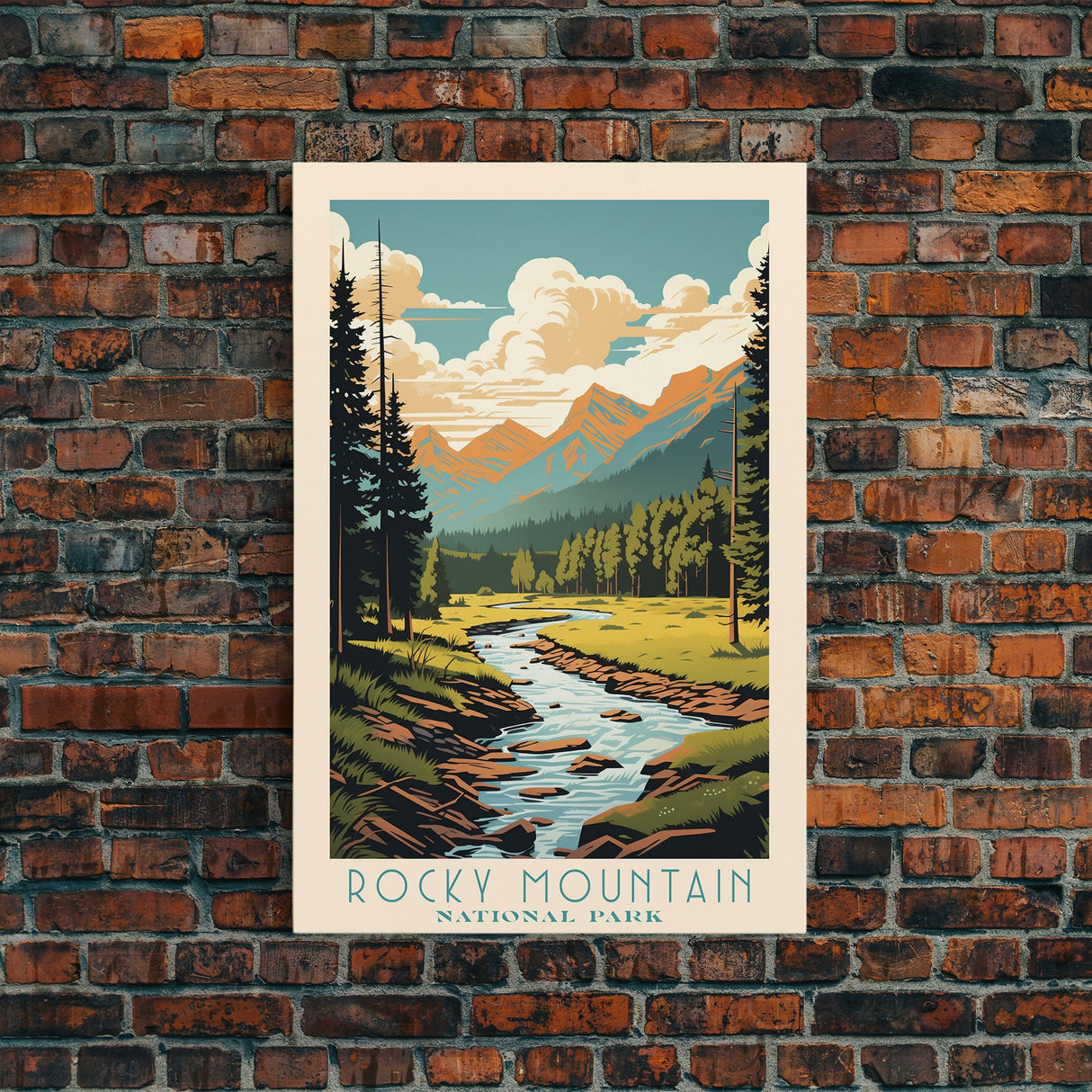 Rocky Mountains National Park Colorado Travel Art, National Park Print, Minimalist Travel Art, Midcentury Modern Style Landscape Painting