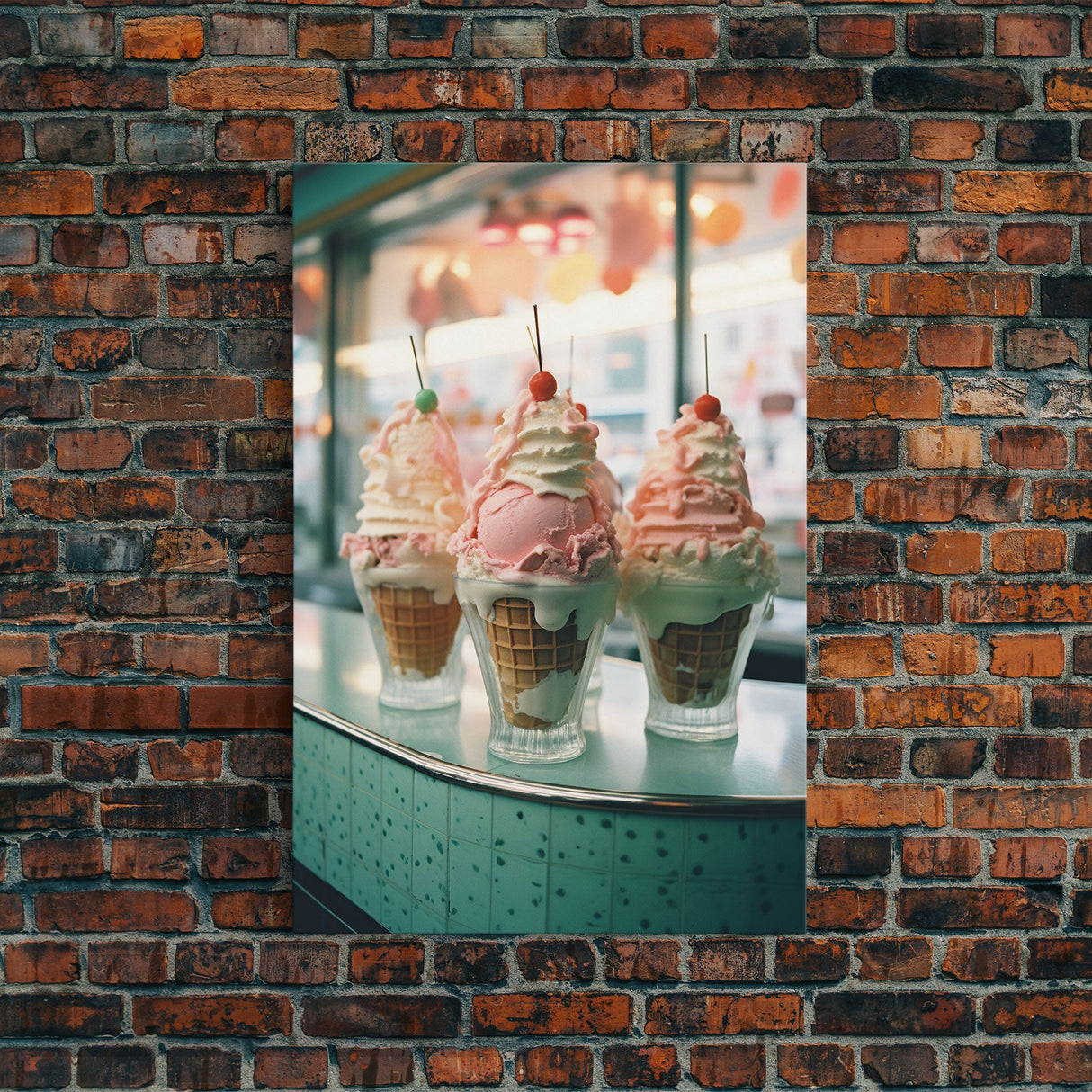 A Strawberry Sunday Kitchen Decor, Ice Cream Art, Framed Canvas Print, Ice Cream Parlor Decor, Icecream Shop Wall Art, MCM Style Decor