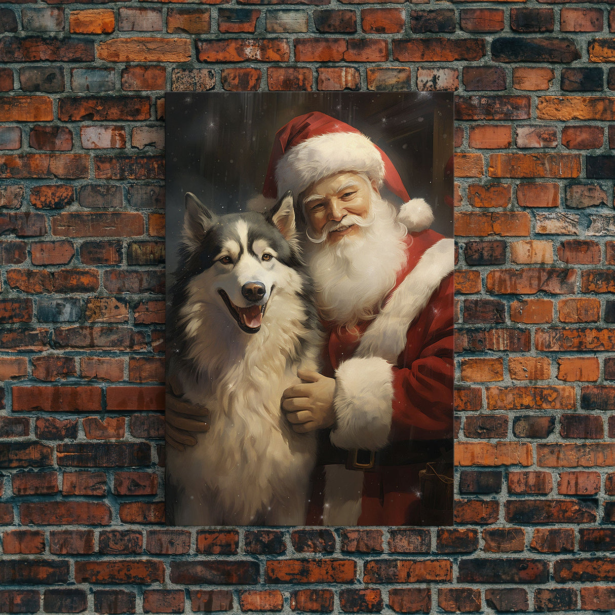Santa Claus Holding An Alaskan Malamute, Christmas Wall Art, Dog Gift, Christmas Dog, Winter Wall Art, Santa Decor, Santa Art Print