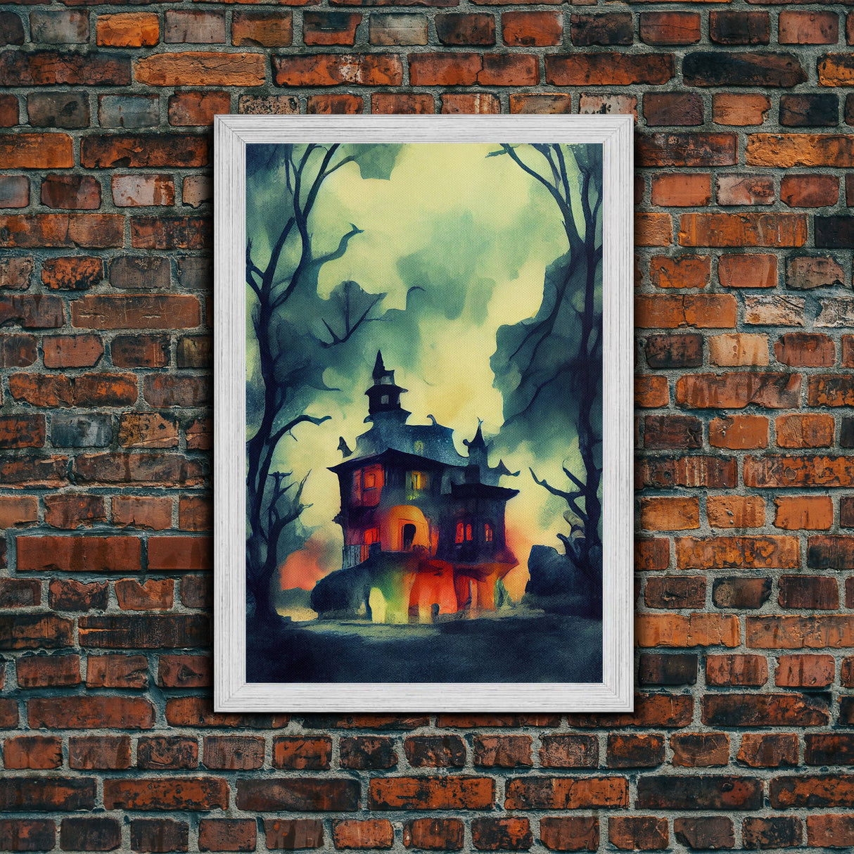Spooky Watercolor of a Haunted House, Halloween Art, Framed Canvas Print, Ready To Hang Framed Wall Art, Living Room Wall Decor