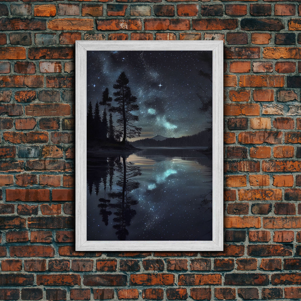 Reflections of a starry night sky over the lake, lakehouse art, beautiful framed canvas print