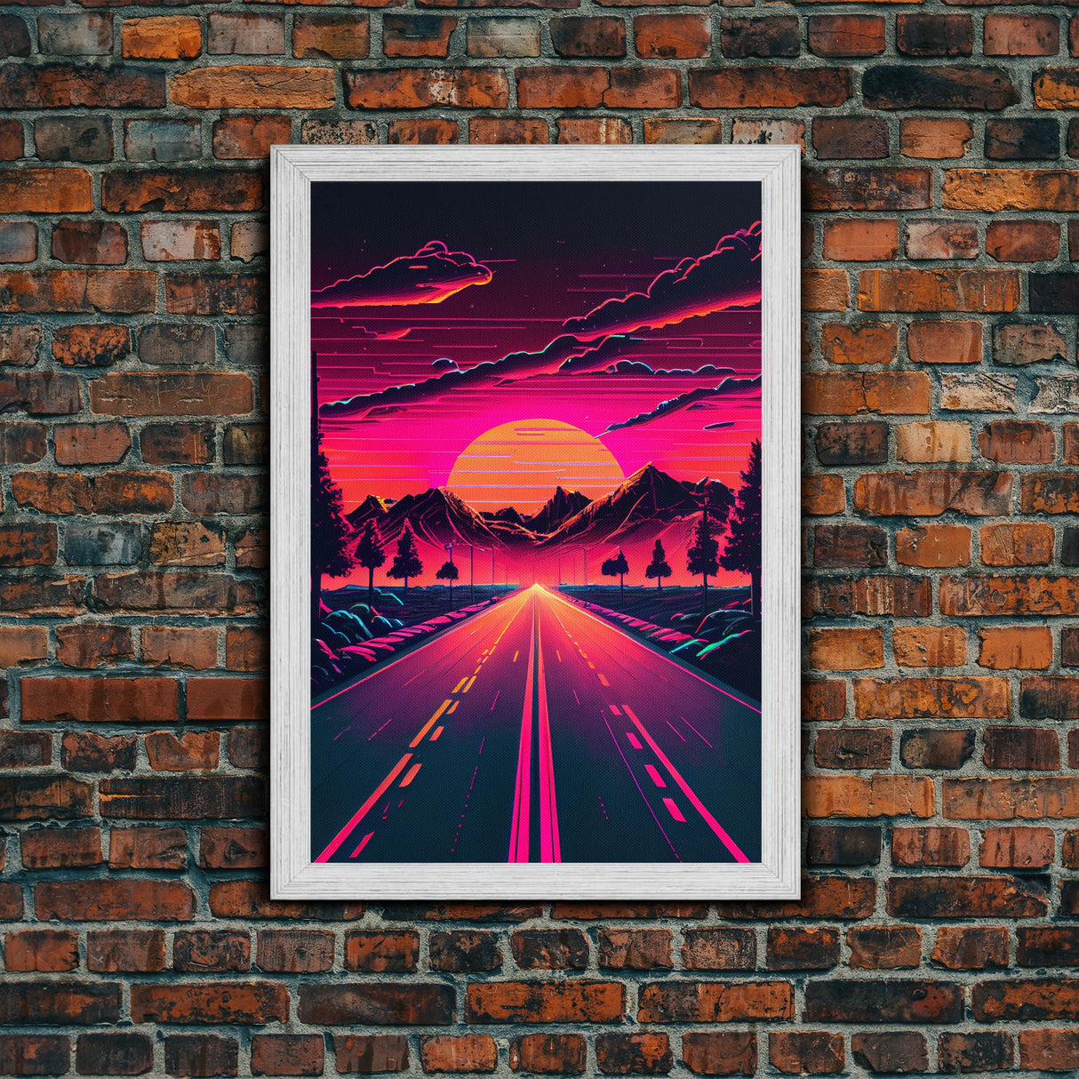 Outrun Sunset over the Arizona mountains, neon aesthetic art, framed canvas print