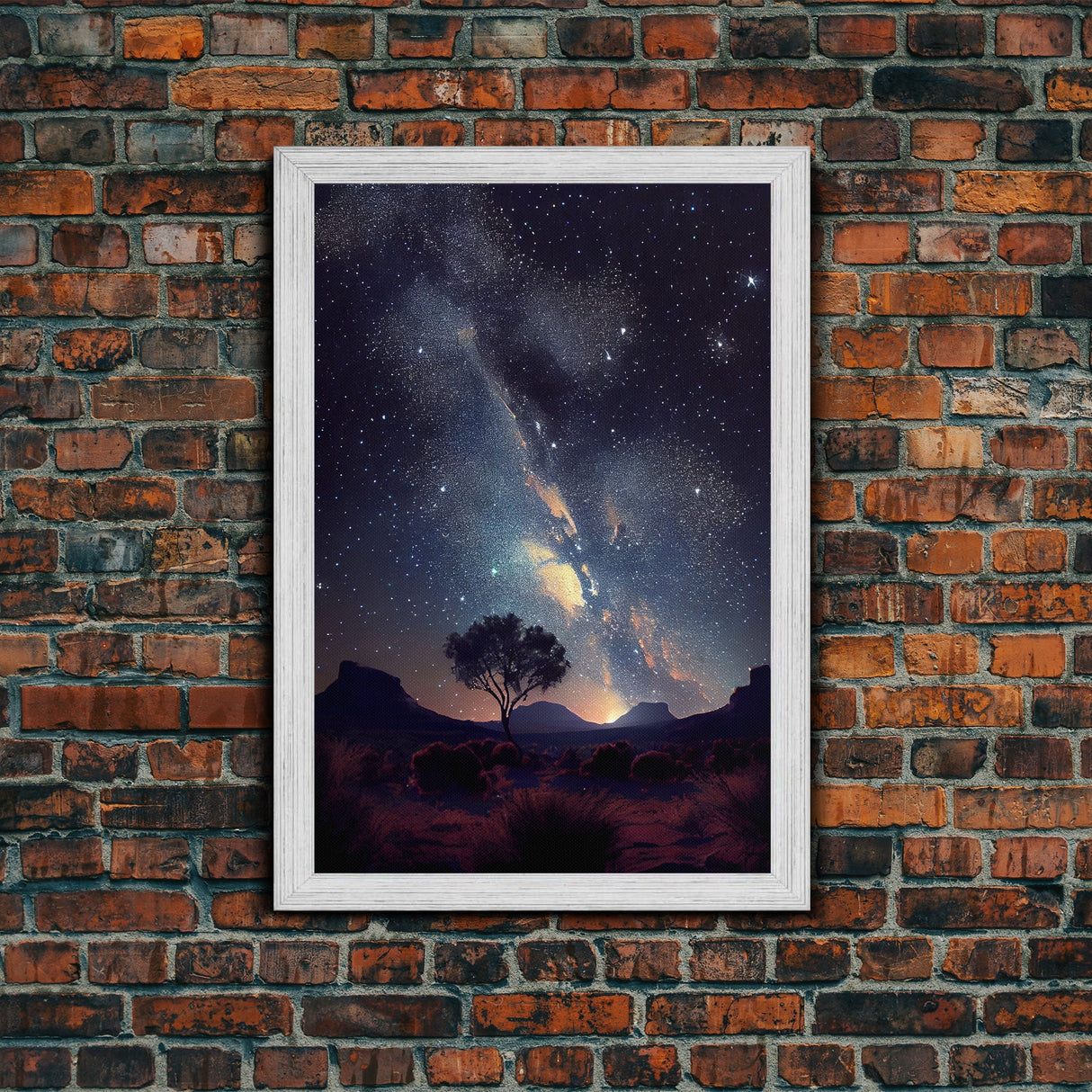 Starry night sky over the plains of Texas, beautiful farmhouse art, primitive art, framed canvas print