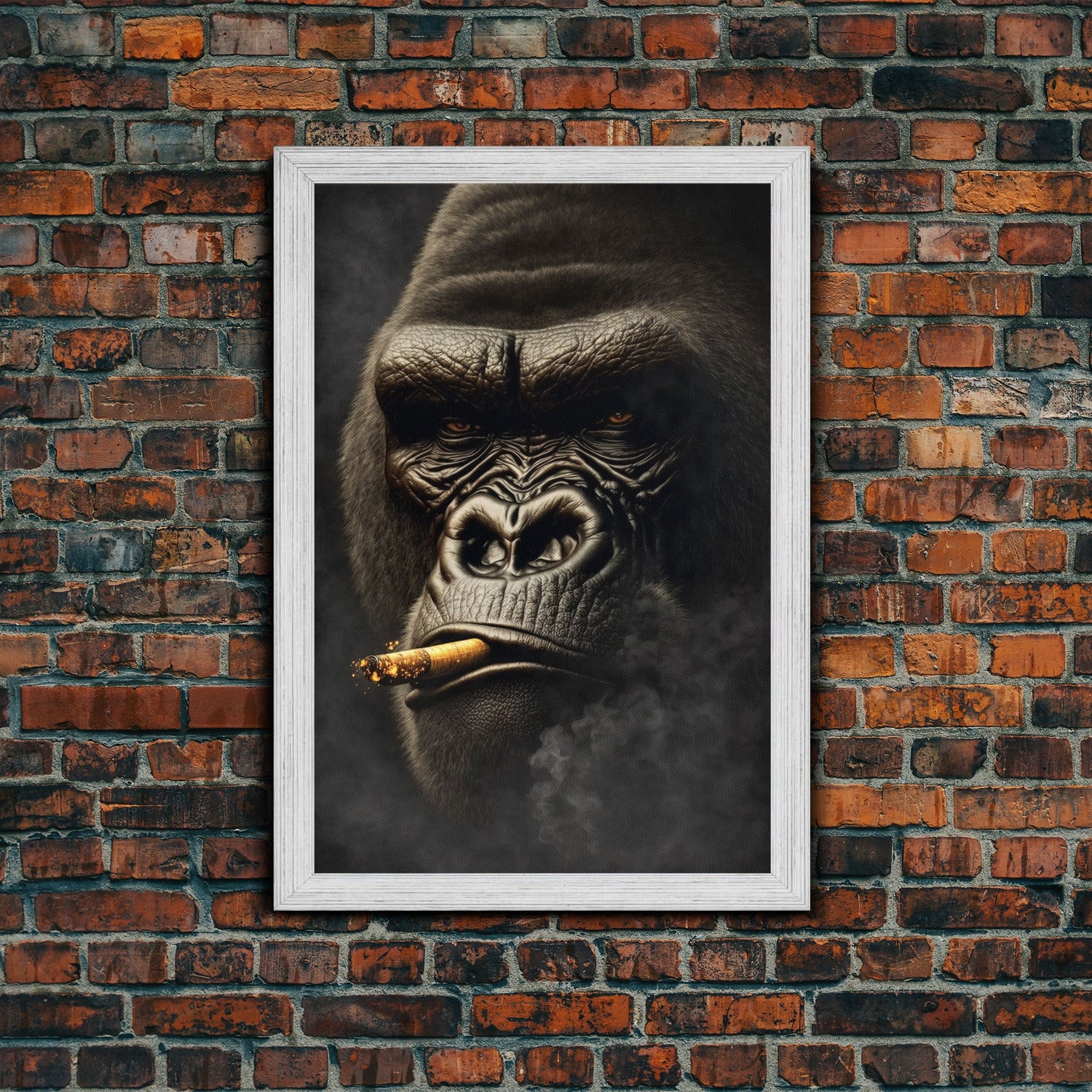 Smoking Gorilla canvas framed wall art, Gorilla Smoking print, Animal Print, Monkey Canvas print, Wall Decor
