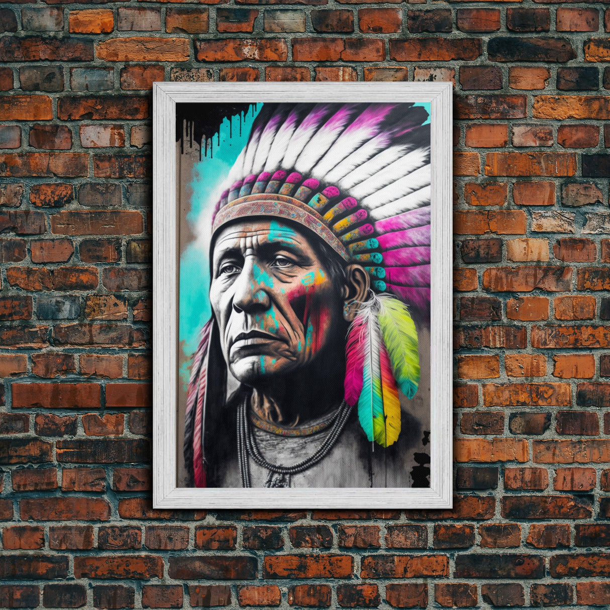 The Warrior, Native American Chief, Graffiti Art Portrait, Framed Canvas Print, Rainbow Feather Mohawk, Pop Art Portrait