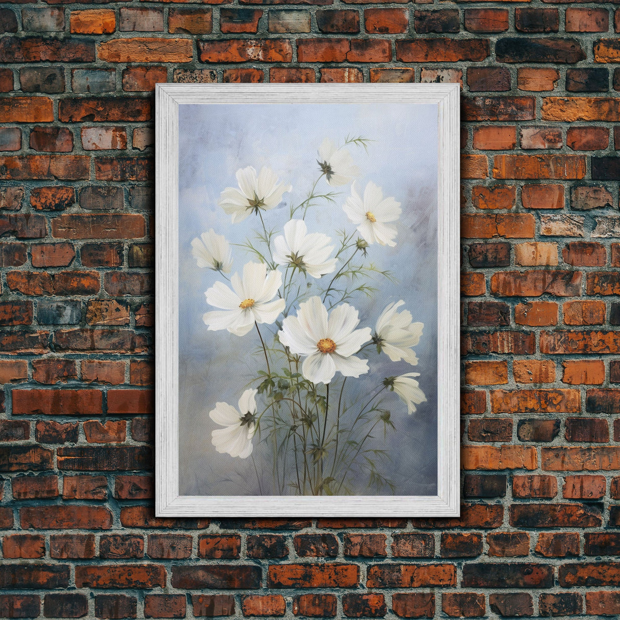 Cosmos Art Print - Framed Canvas Art - Oil Painting Poster Print - White Flowers Still Life - Small Flower Bouquet Oil Painting Wall Art
