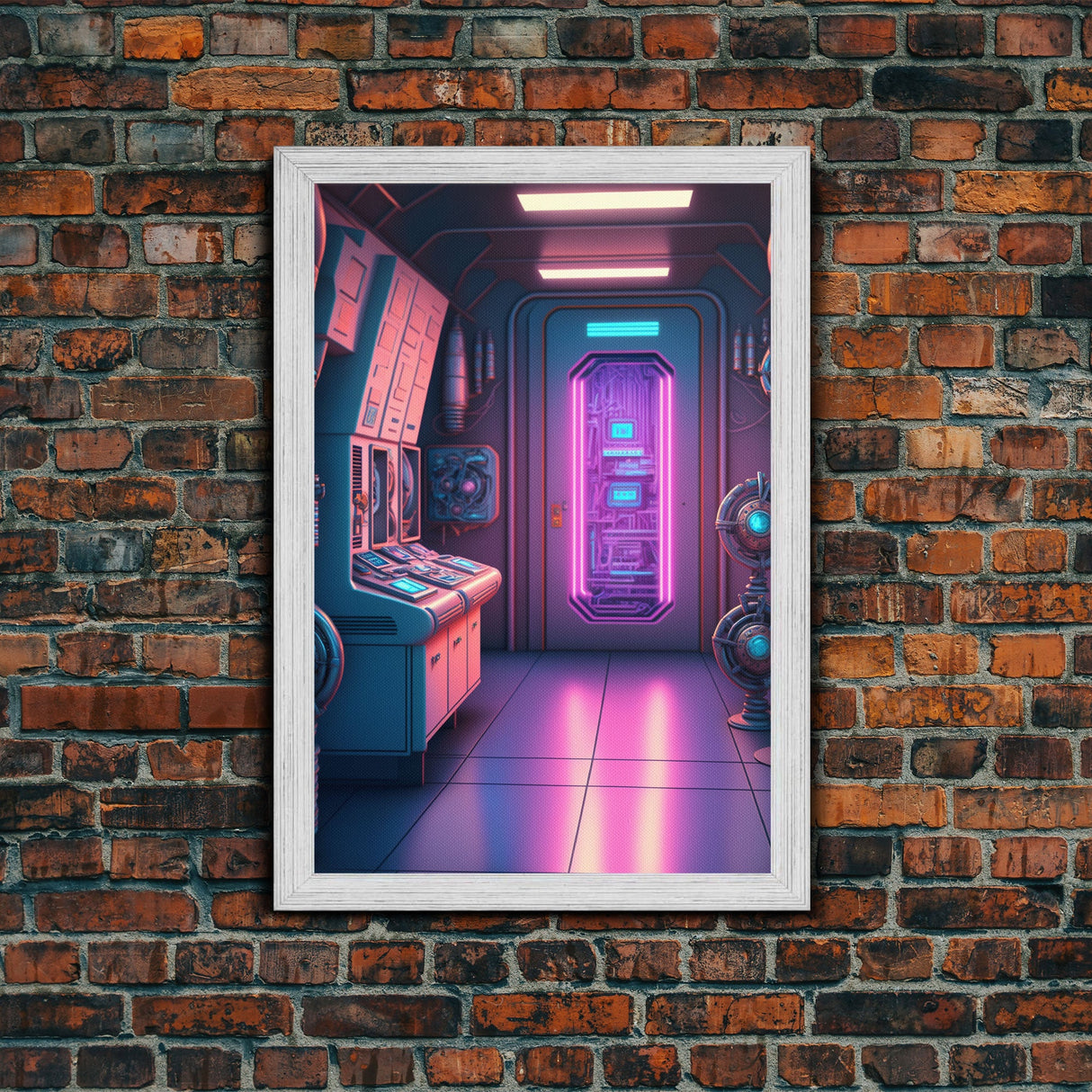Vaporwave Futuristic Cyberpunk Space Ship Control Room, Framed Canvas Print, Scifi Art