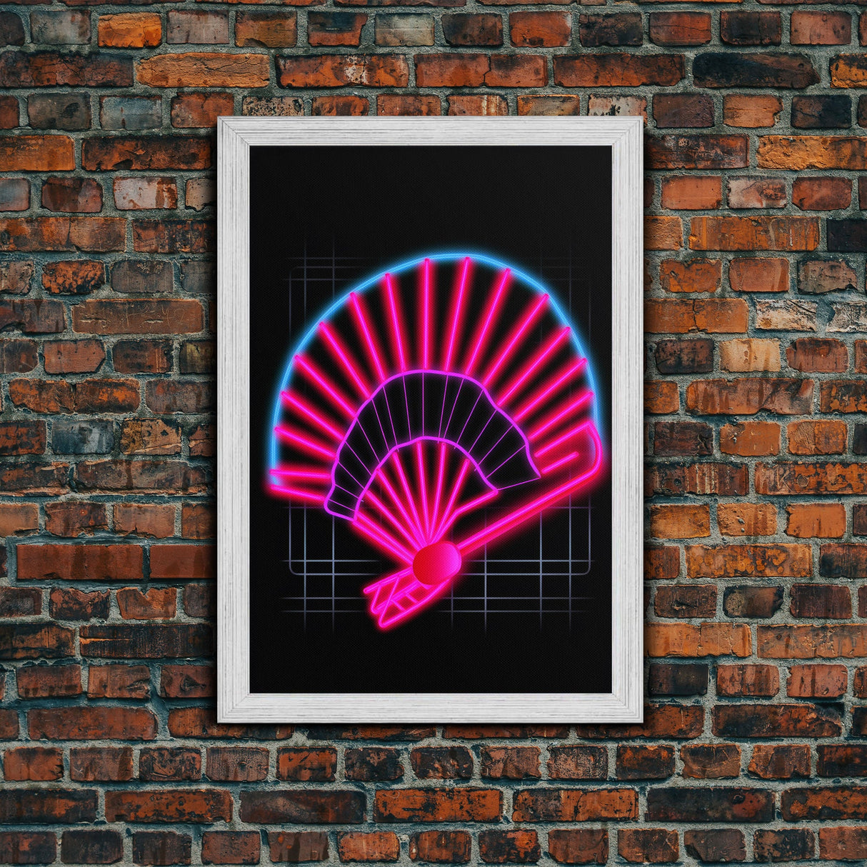 Neon Lights Folding Fan Wall Art, Line Art Print, Pink, Glowing Art, Minimalist Print, Wall Decor, Canvas Print, Wall Art, Framed Canvas