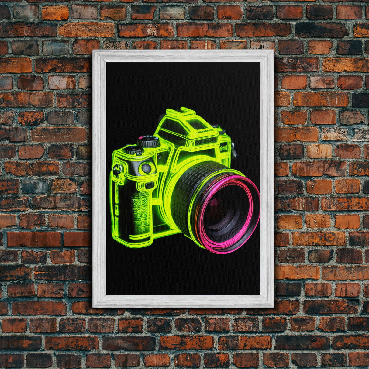 Neon Green Camera Wall Art, Neon Wall Decor, Photography Art, Minimalist Print, Wall Decor, Canvas Print, Wall Art, Framed Canvas