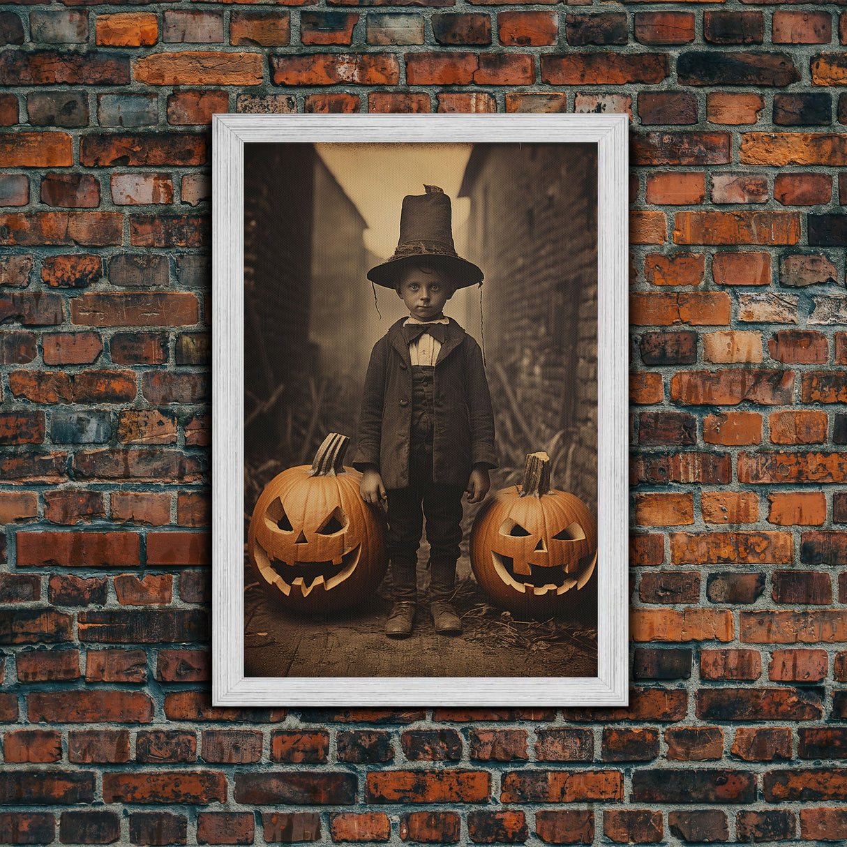 Spooky Victorian Tintype Photography, Framed Canvas Print, Halloween Art, Halloween Canvas, Pilgrim Boy and His Jack O' Lanterns