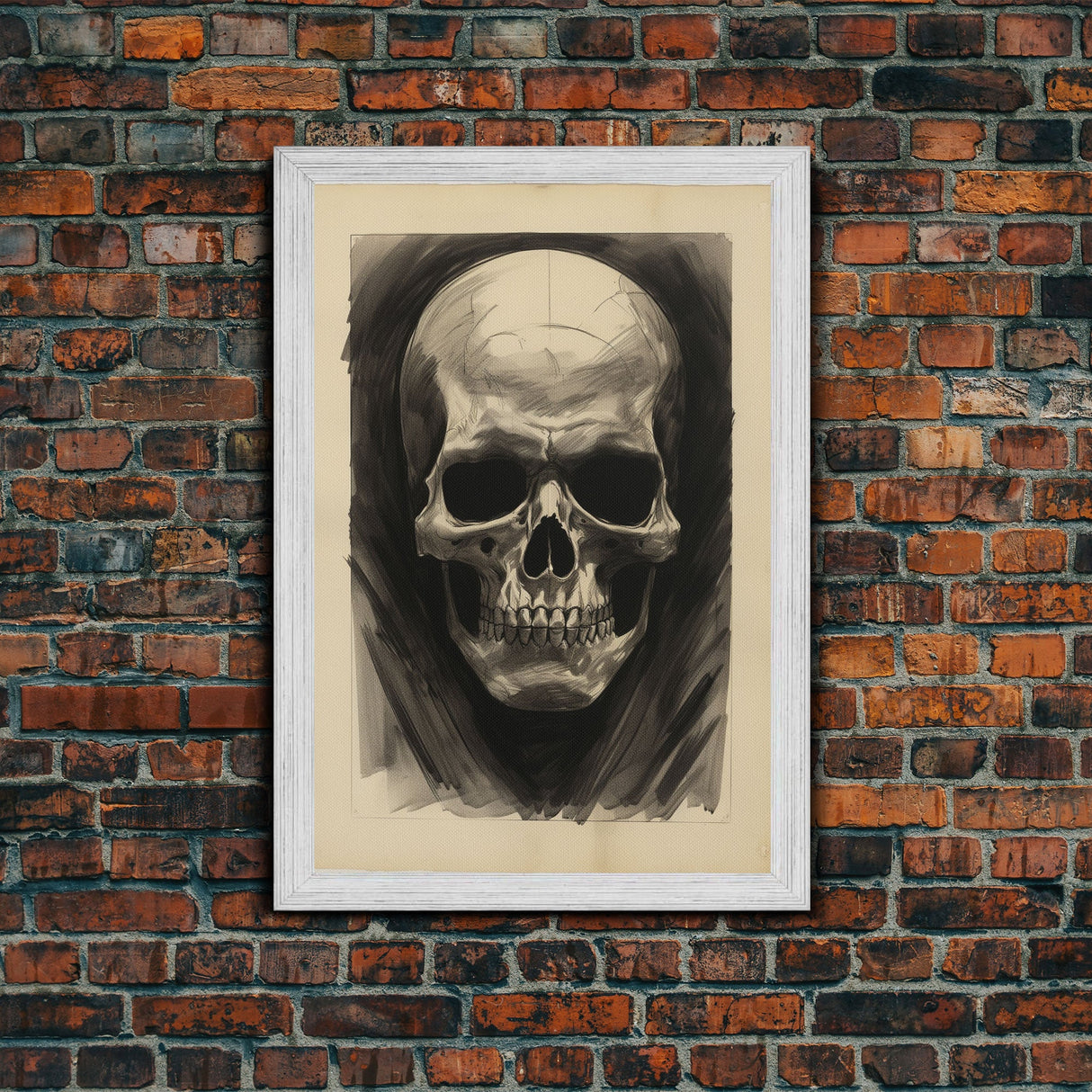 Charcoal Drawing, Human Skull, Gothic Art Print, Spooky Decor, Canvas Print, Wall Art, Vertical Art, Gaming Wall Decor, Office Wall Decor