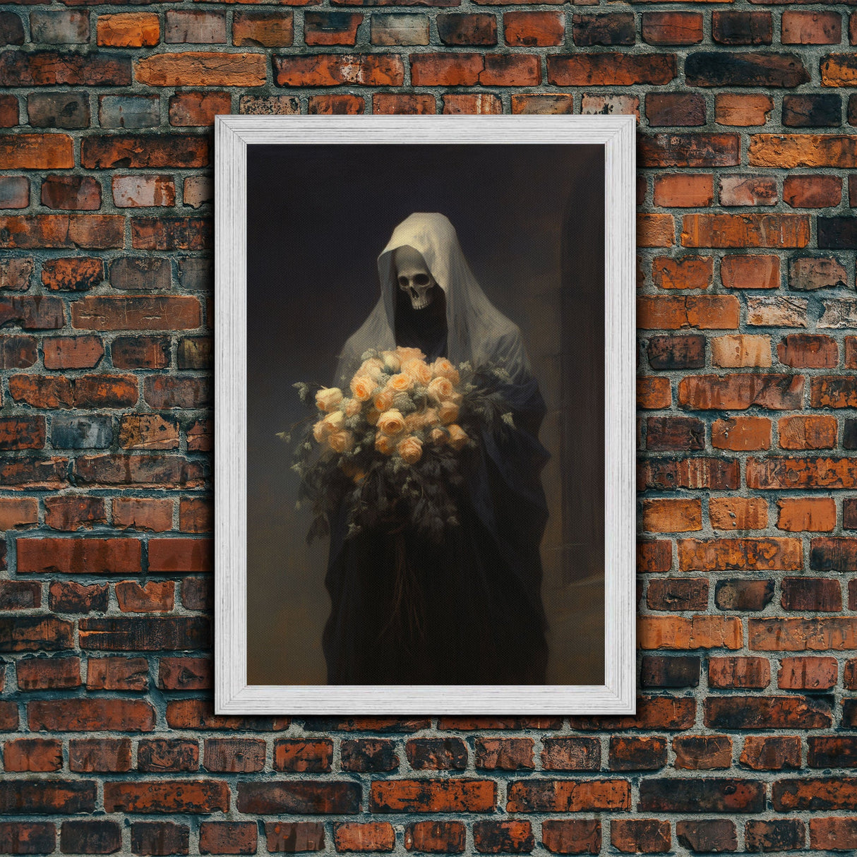 Grim Reaper, Flower Deliveryman, Gothic Halloween Decor, Framed Canvas Print, Scary Horror Art, Goth Decor, Oil Painting, Dark Academia