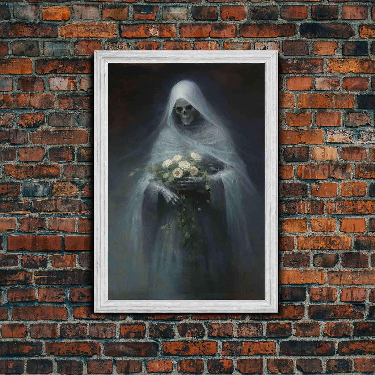 Grim Reaper Holding Flowers, Gothic Halloween Decor, Framed Canvas Print, Scary Horror Art, Goth Decor, Oil Painting, Dark Academia