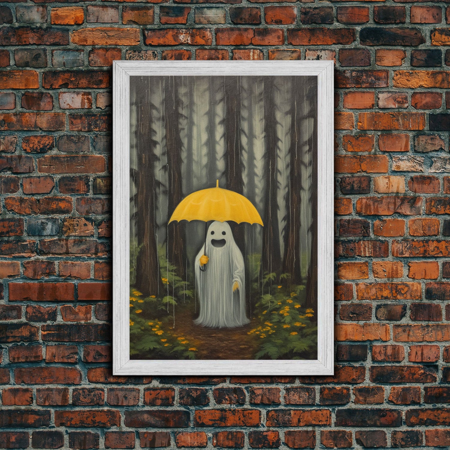 Happy Ghost In The Rain,  Vintage Halloween Canvas, Framed Canvas Print, Cute Wall Art, Who's Haunting Who?
