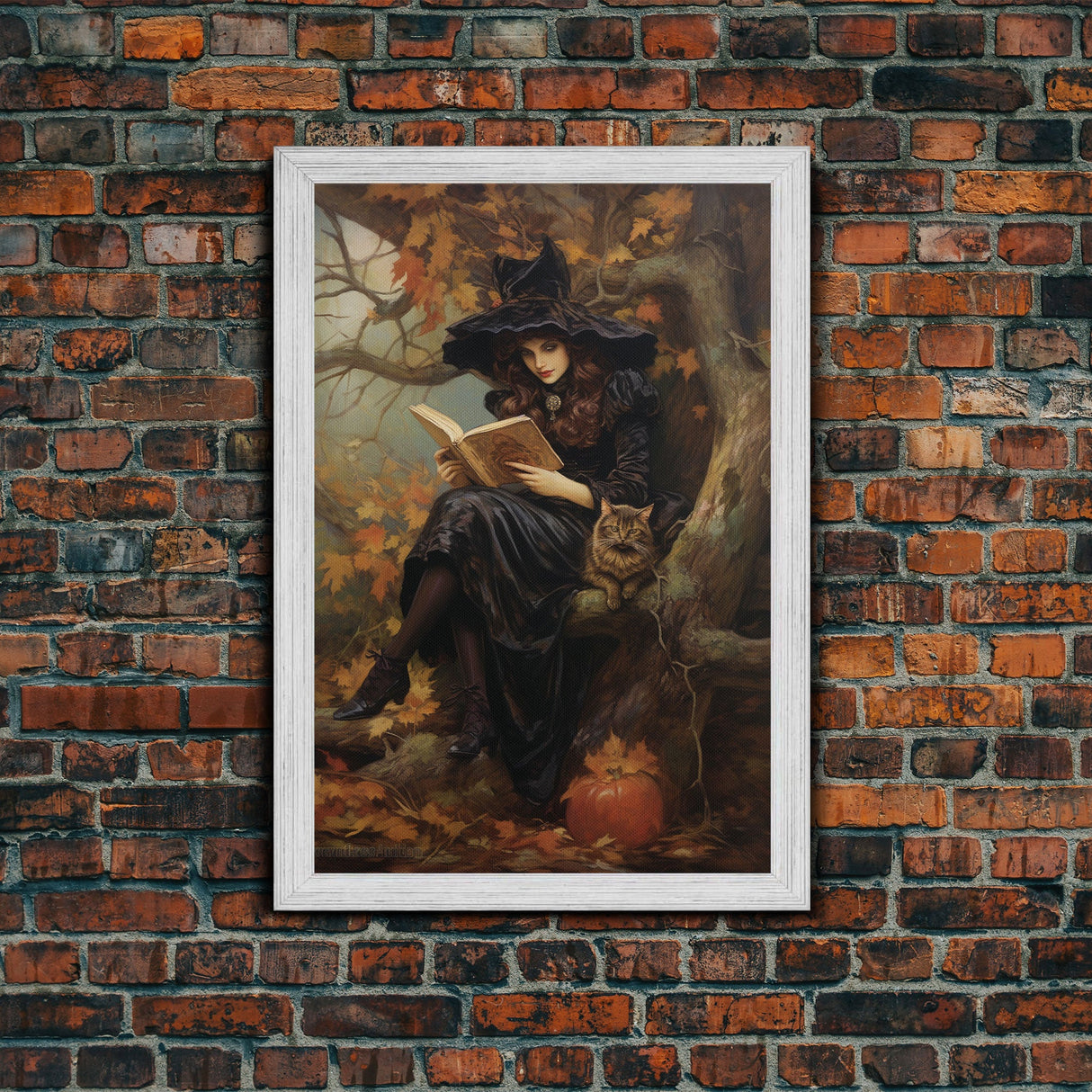 Pretty Witch Reading Spells To Her Black Cat Familiar, Vintage Halloween Art, Framed Canvas Print, Halloween Canvas Art, Witchcraft