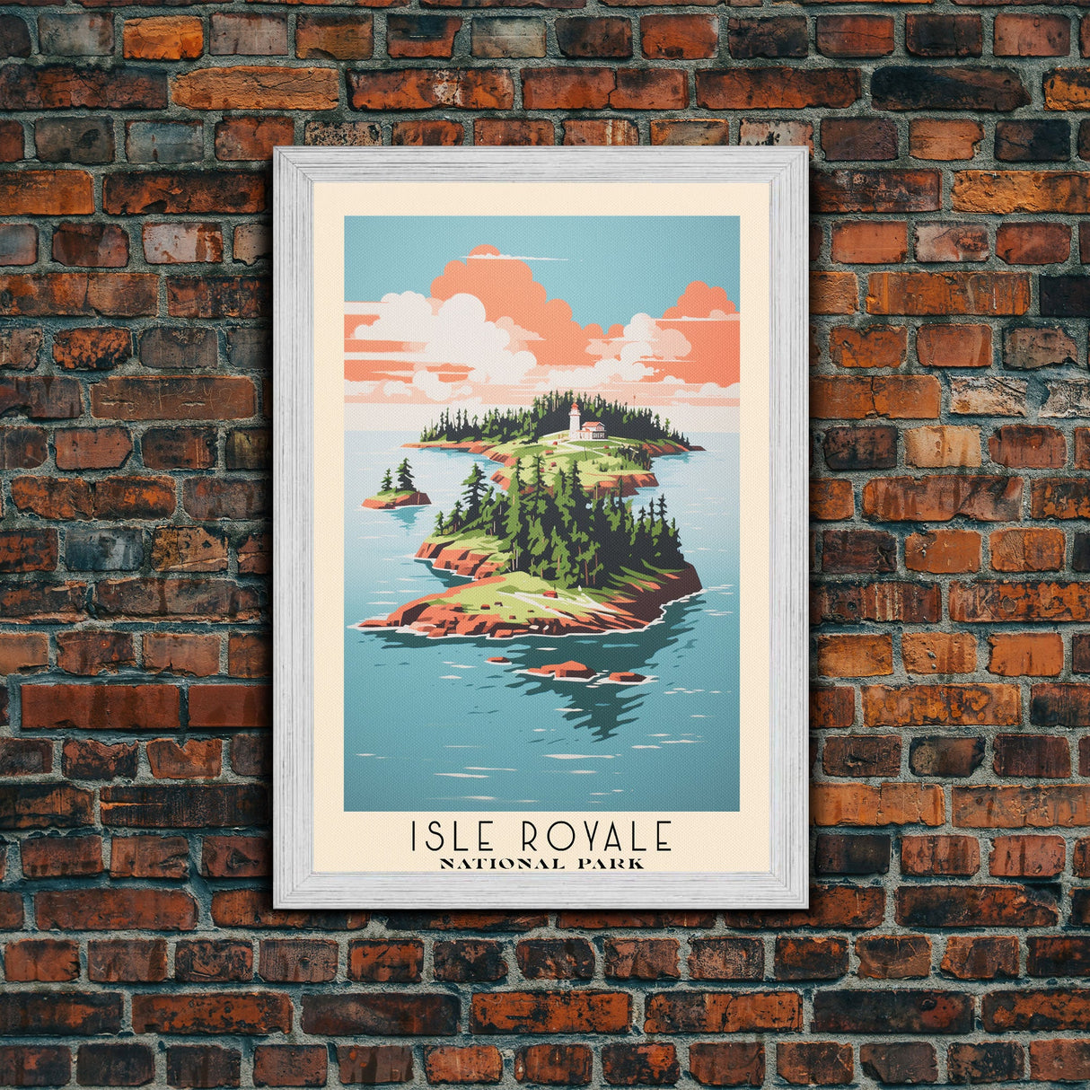 Isle Royale National Park Michigan Travel Art, National Park Print, Minimalist Travel Art, Midcentury Modern Style Landscape Painting